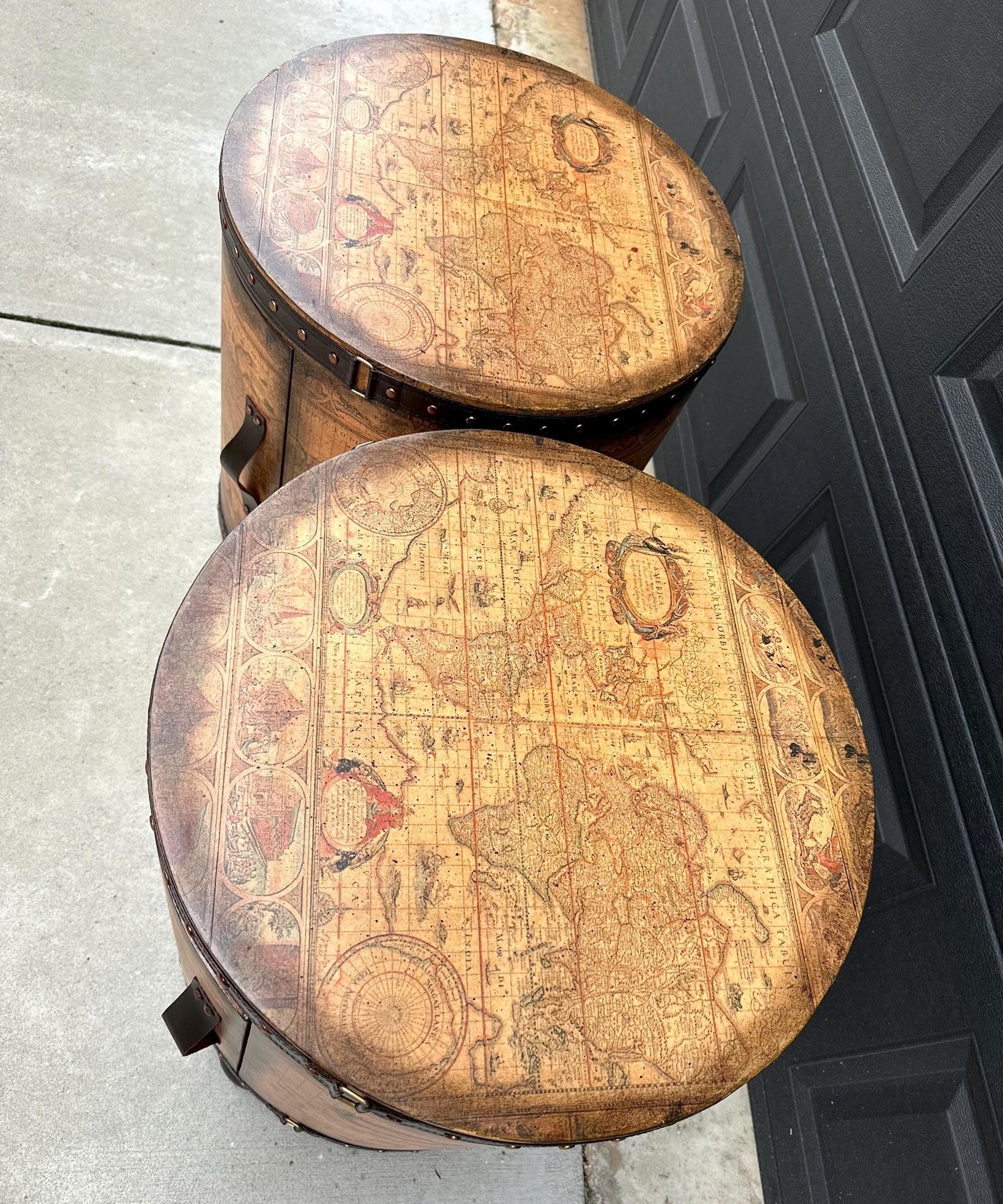 Vintage Map Wrapped Leather Trim Drum End Tables - a Pair