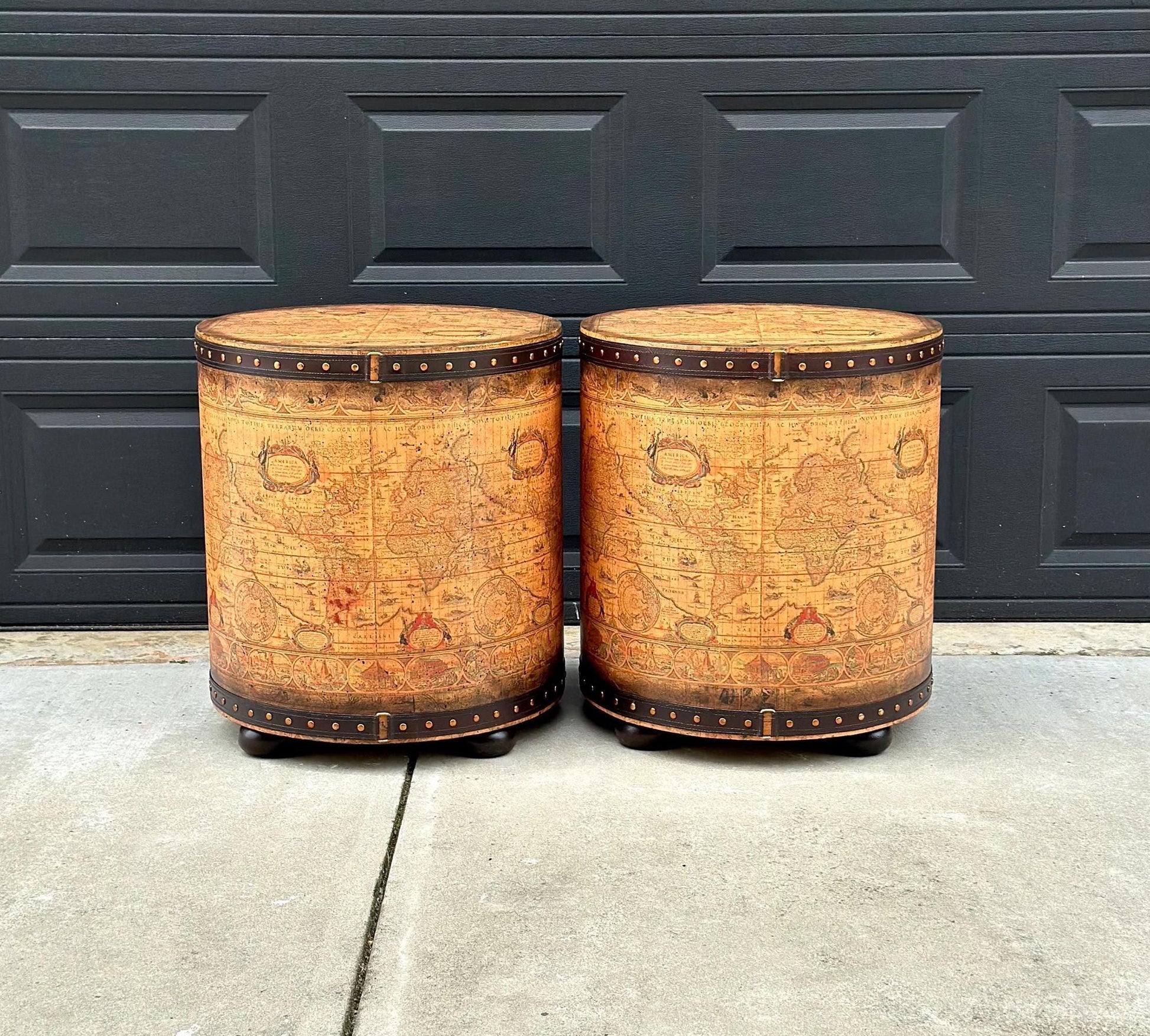 Vintage Map Wrapped Leather Trim Drum End Tables - a Pair