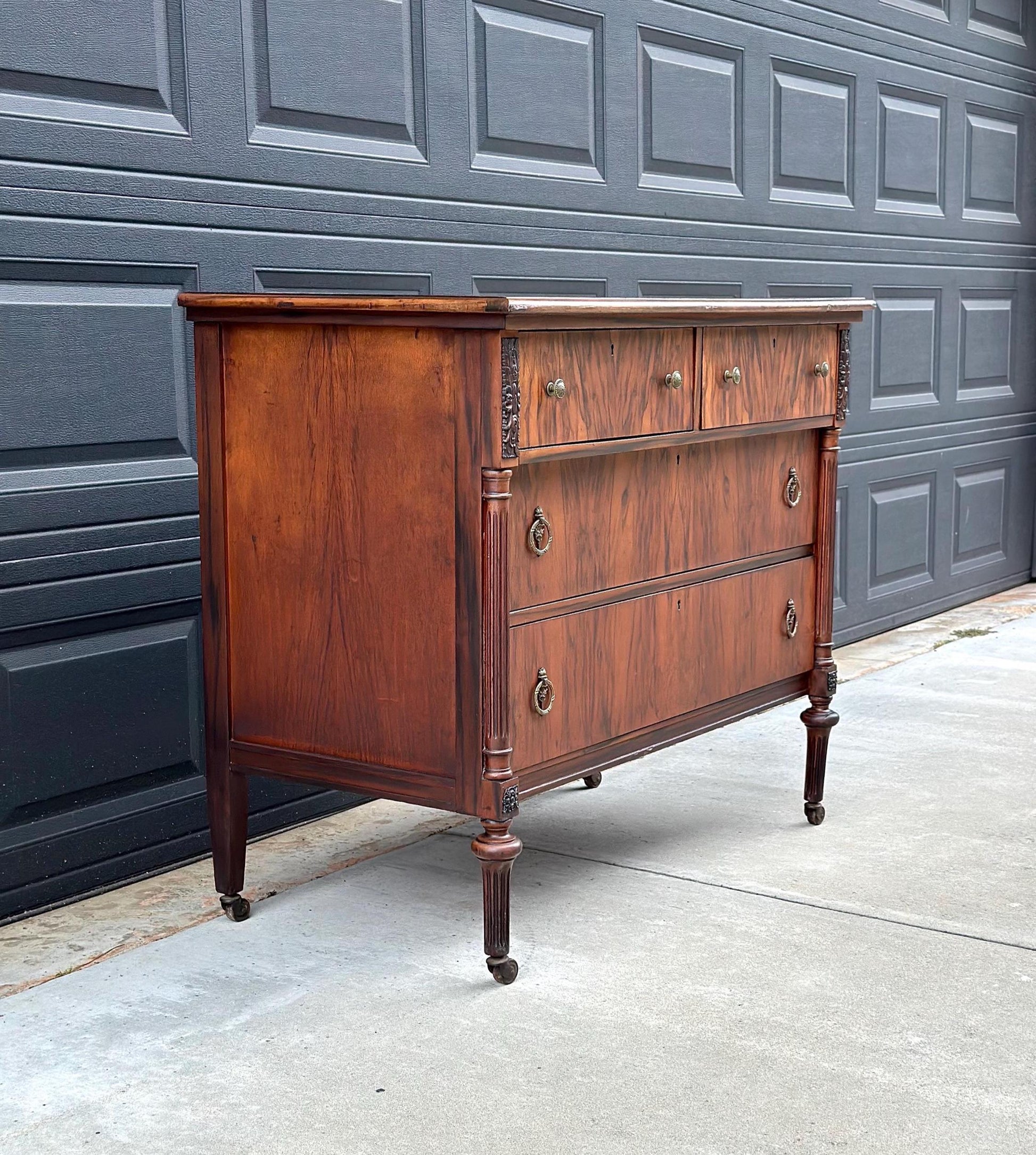 Antique Early 1900's French Walnut Chest of Drawers on Casters