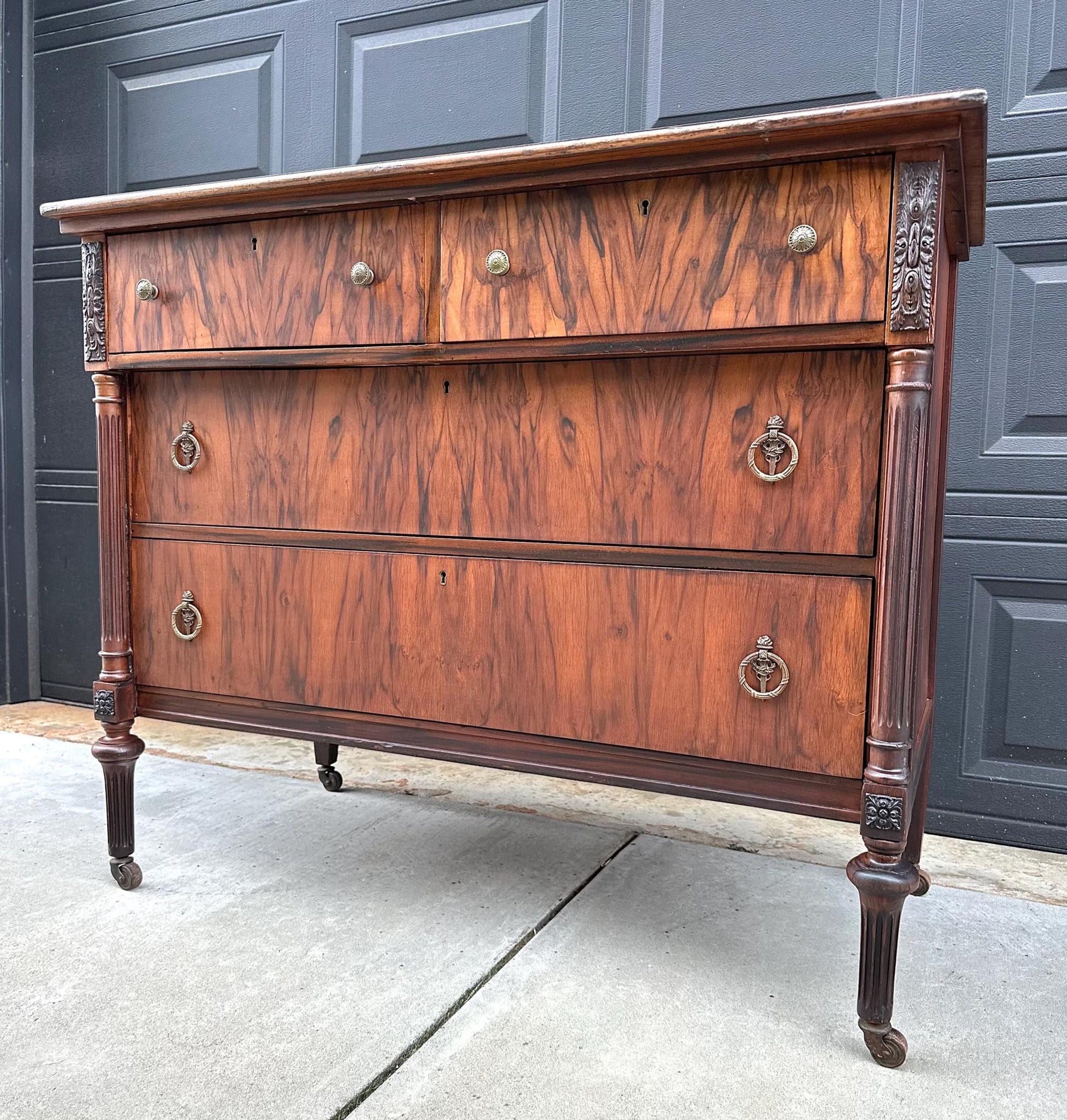 Antique Early 1900's French Walnut Chest of Drawers on Casters