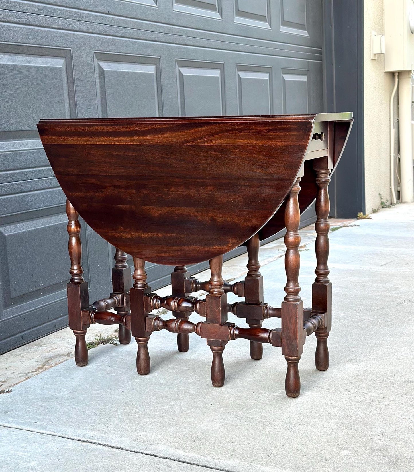 Antique Early 1900's Dark Solid Wood Single Drawer Imperial Drop Leaf Gateleg Table