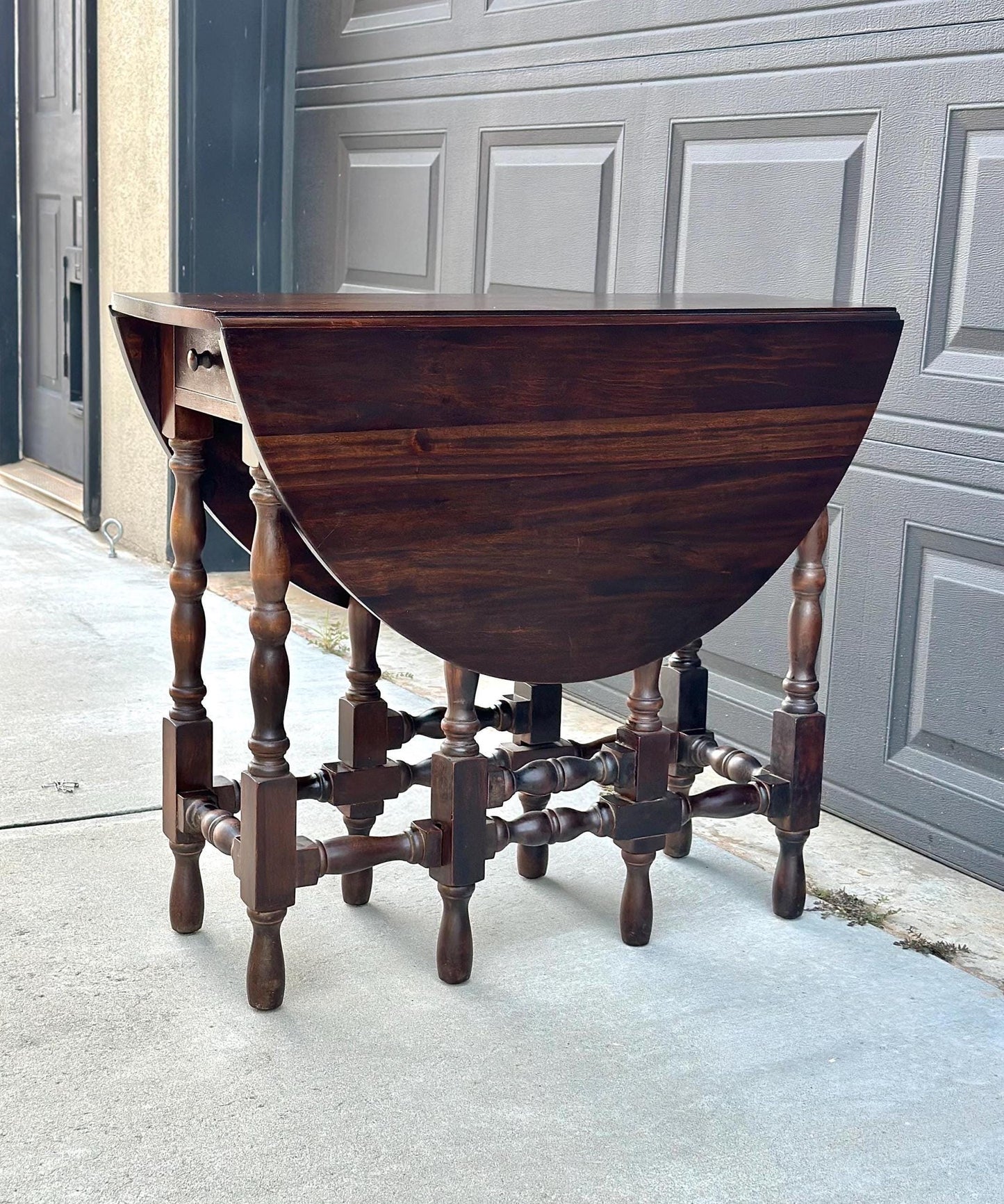 Antique Early 1900's Dark Solid Wood Single Drawer Imperial Drop Leaf Gateleg Table