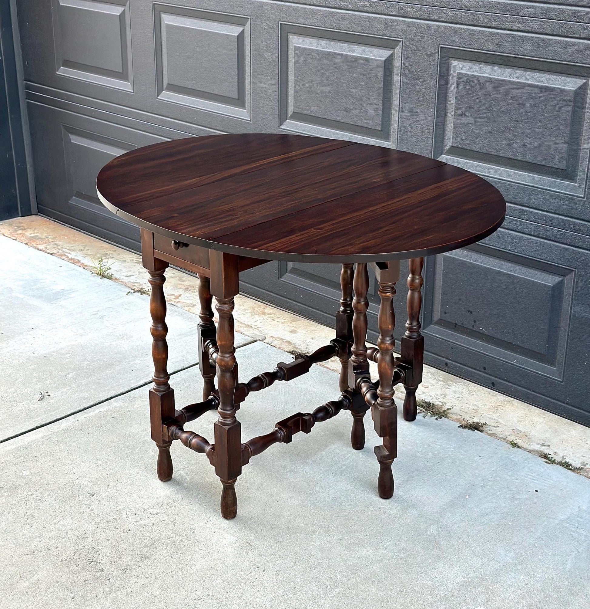 Antique Early 1900's Dark Solid Wood Single Drawer Imperial Drop Leaf Gateleg Table