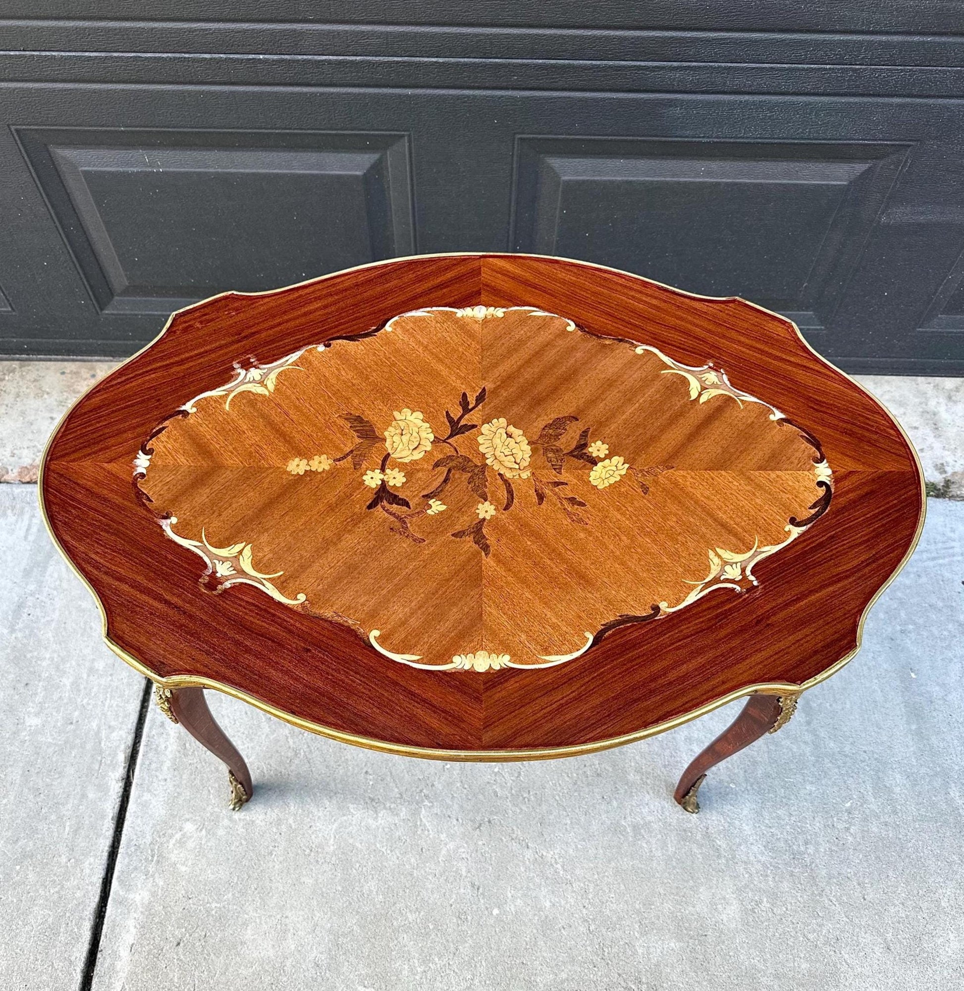 Antique 1920's Louis XV Ormolu Marquetry Spanish Tiger Maple Coffee Table