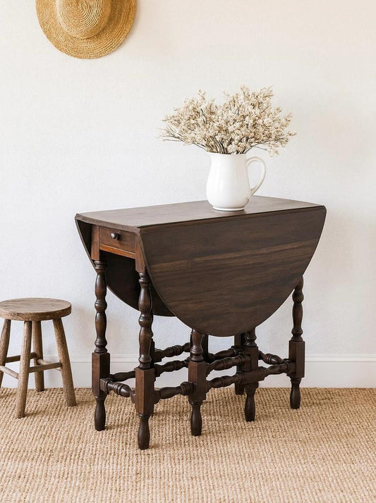 Antique Early 1900's Dark Solid Wood Single Drawer Imperial Drop Leaf Gateleg Table
