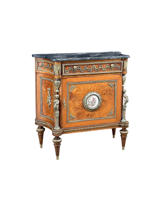 Antique 1880's French Louis XVI Marble Top Cabinet with Hand Painted Porcelain Plaque & Ormolu Mounts