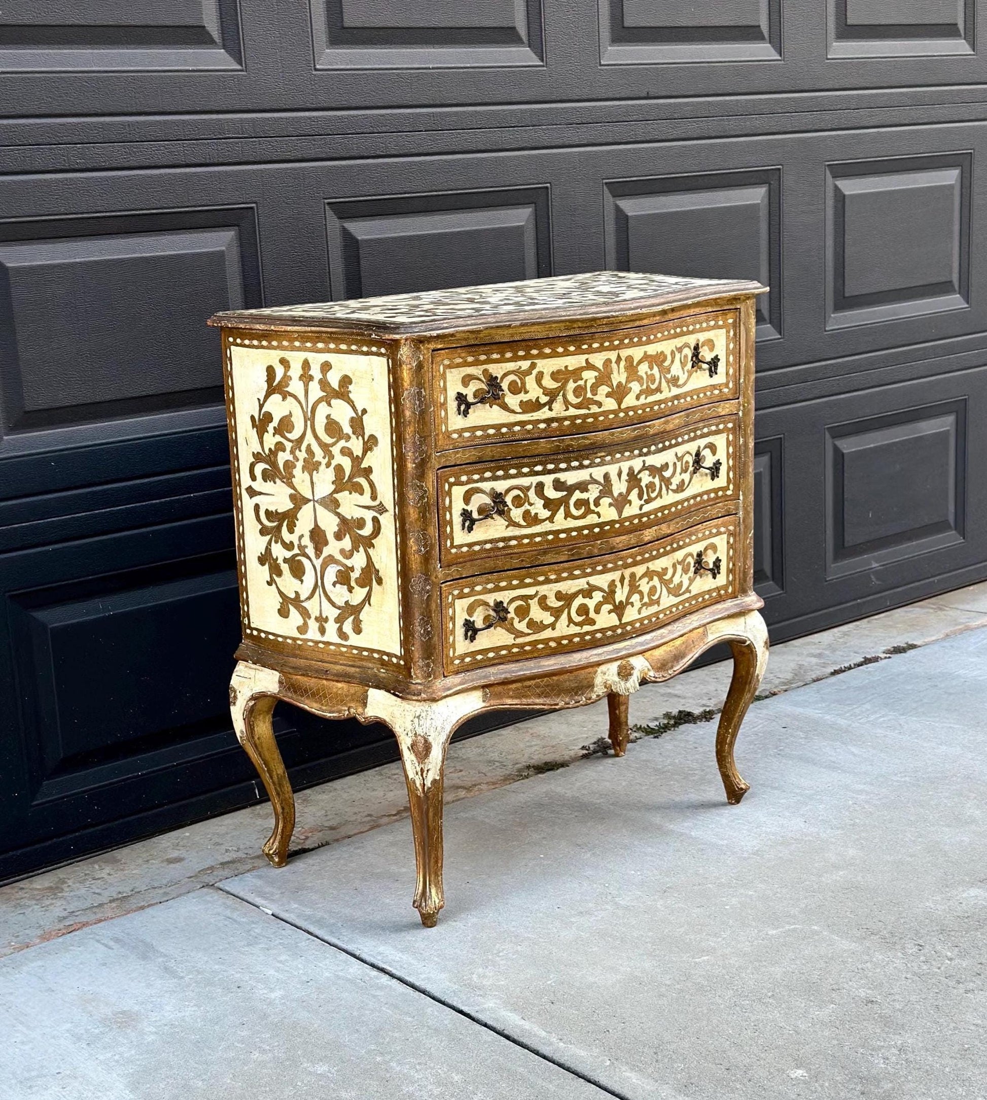 Antique 1890's Rustic Italian Hand Painted Gilt Accent Chest