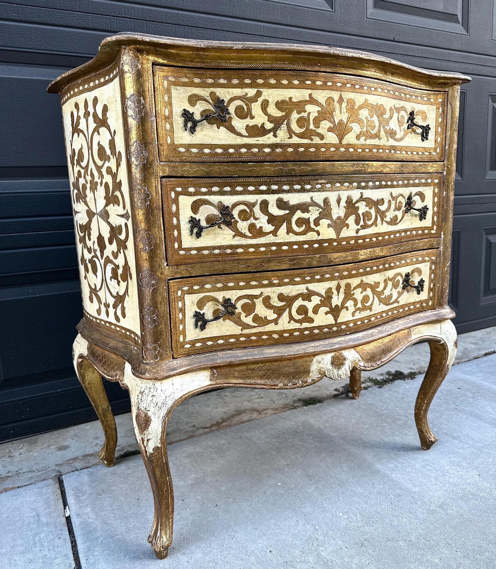 Antique 1890's Rustic Italian Hand Painted Gilt Accent Chest