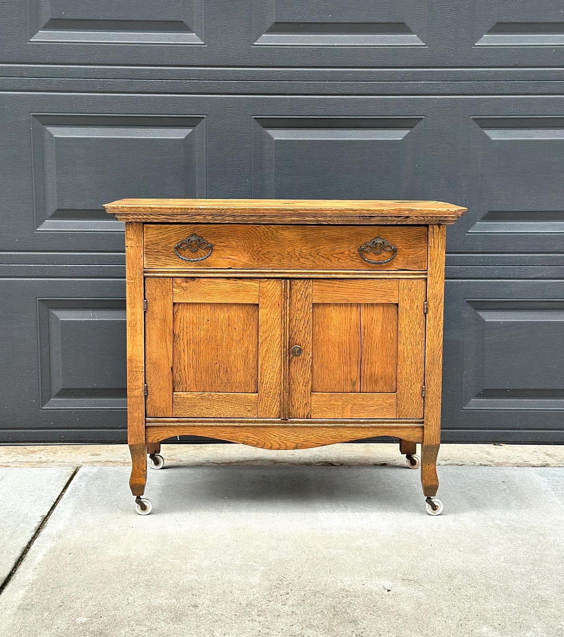Antique Early 1900's Tiger Oak Lowboy Cabinet on Casters