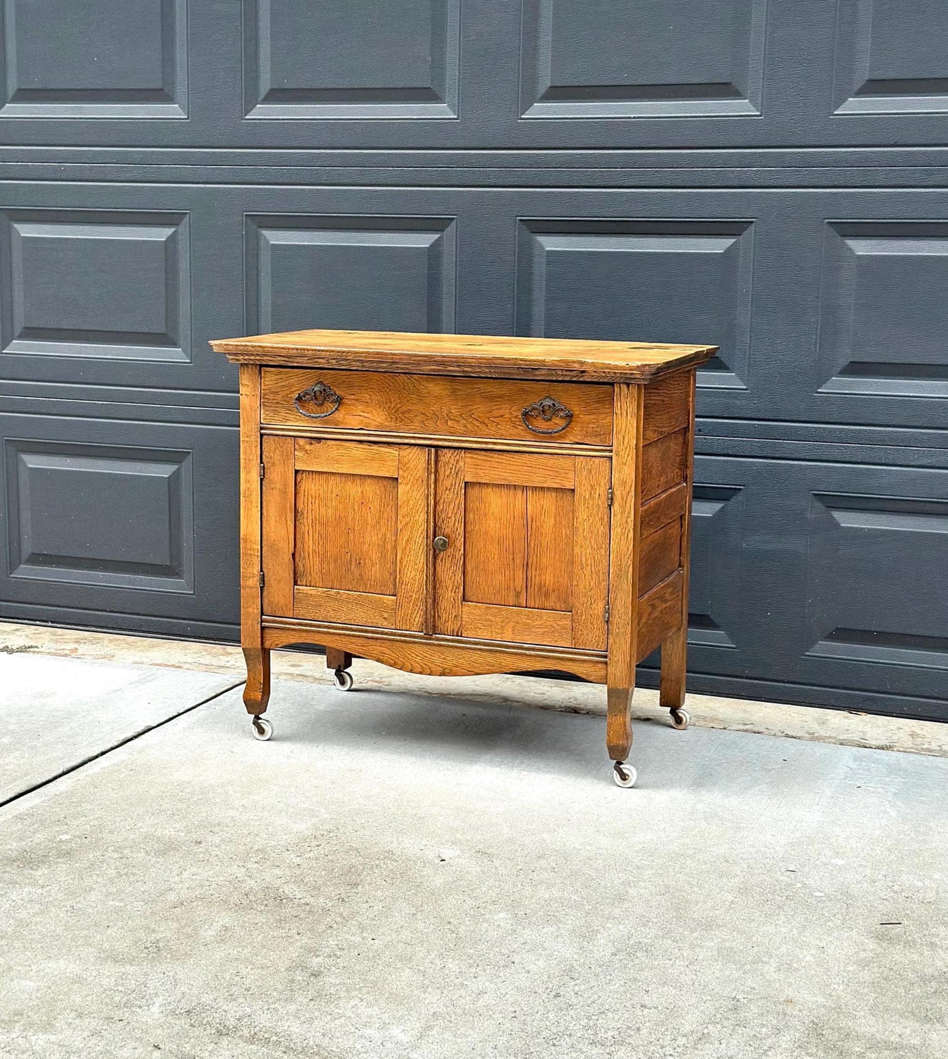 Antique Early 1900's Tiger Oak Lowboy Cabinet on Casters