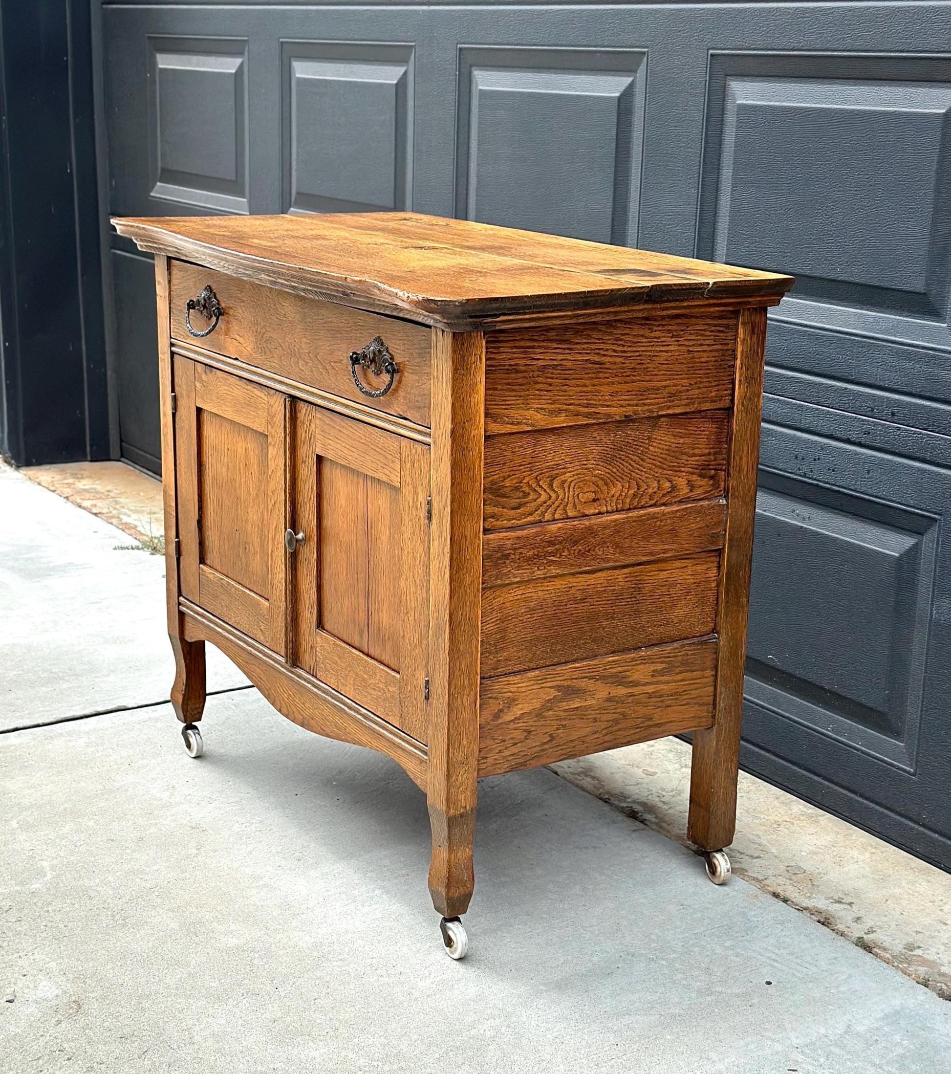 Antique Early 1900's Tiger Oak Lowboy Cabinet on Casters