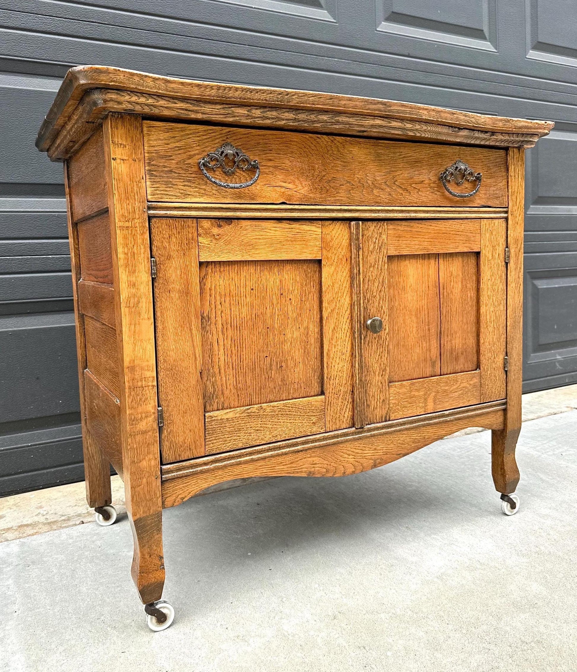 Antique Early 1900's Tiger Oak Lowboy Cabinet on Casters