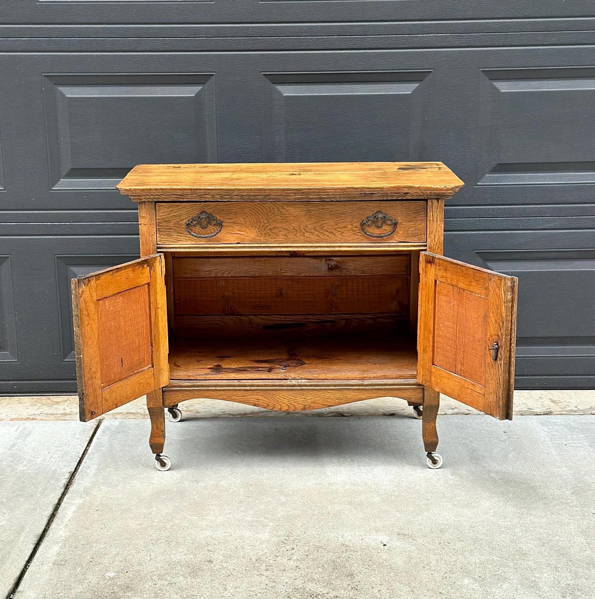 Antique Early 1900's Tiger Oak Lowboy Cabinet on Casters