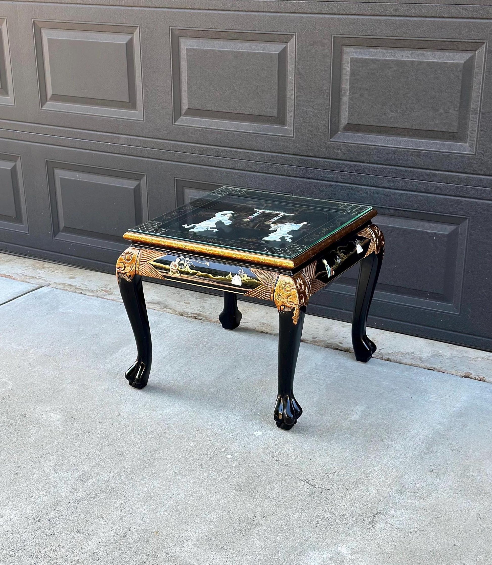 Vintage 1970's Black Lacquer Chinoiserie End Table