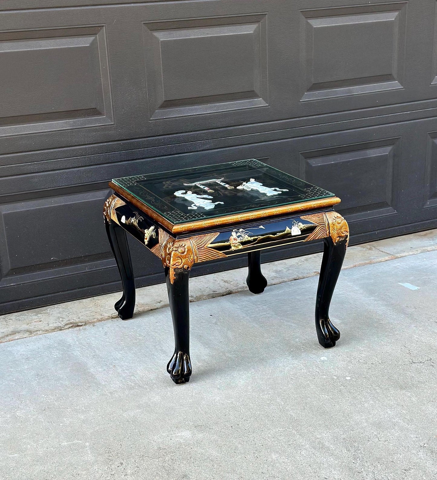 Vintage 1970's Black Lacquer Chinoiserie End Table