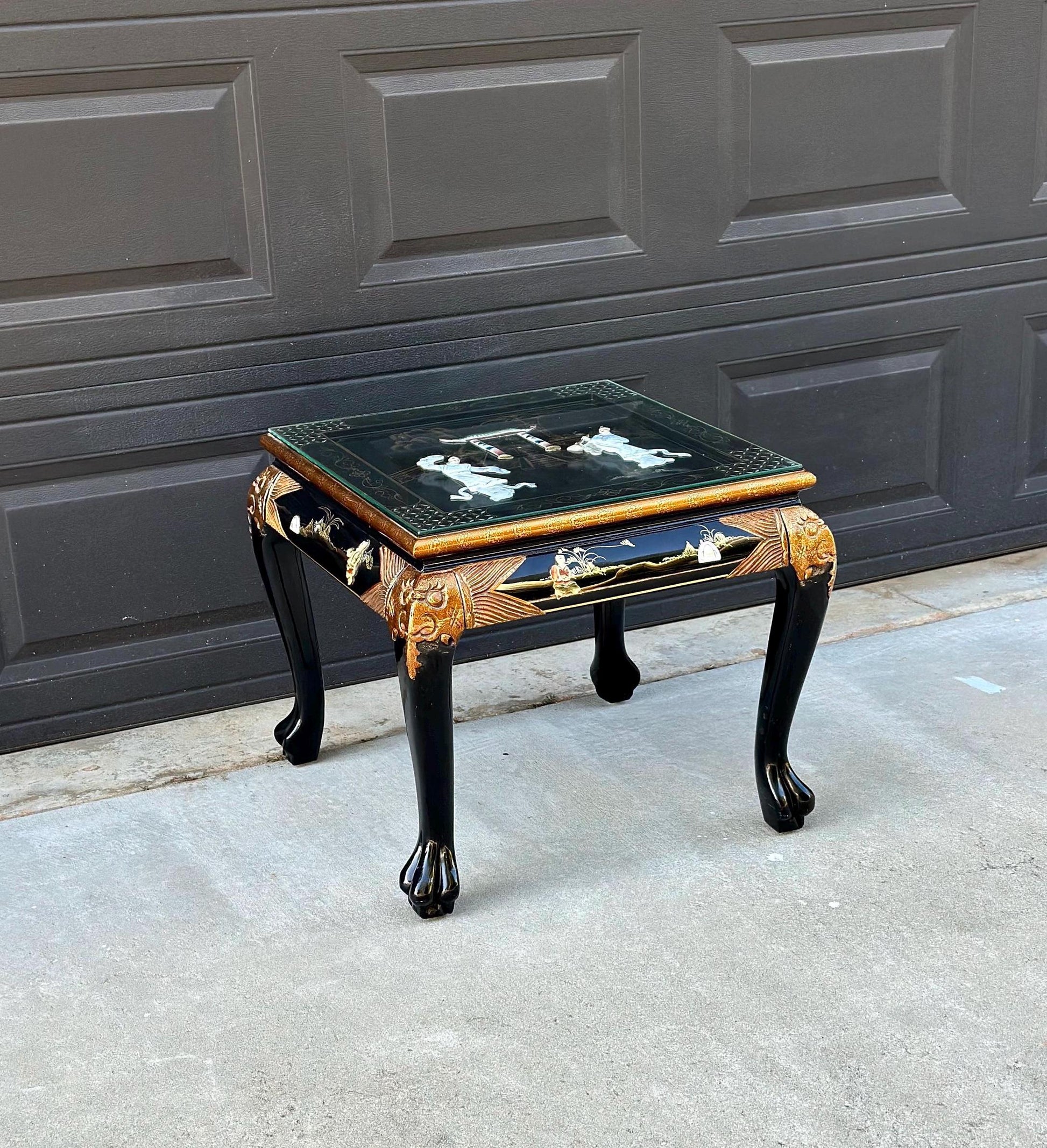 Vintage 1970's Black Lacquer Chinoiserie End Table