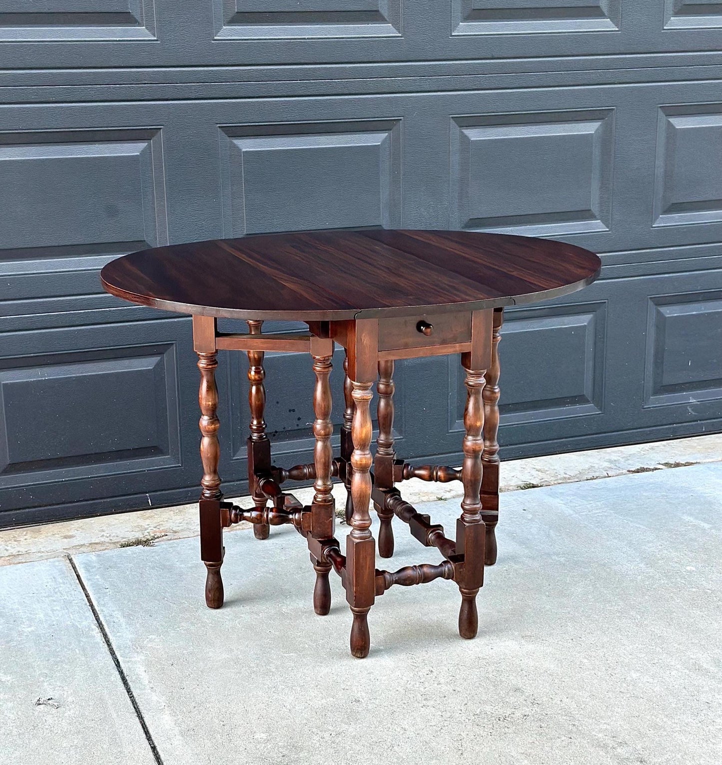 Antique Early 1900's Dark Solid Wood Single Drawer Imperial Drop Leaf Gateleg Table