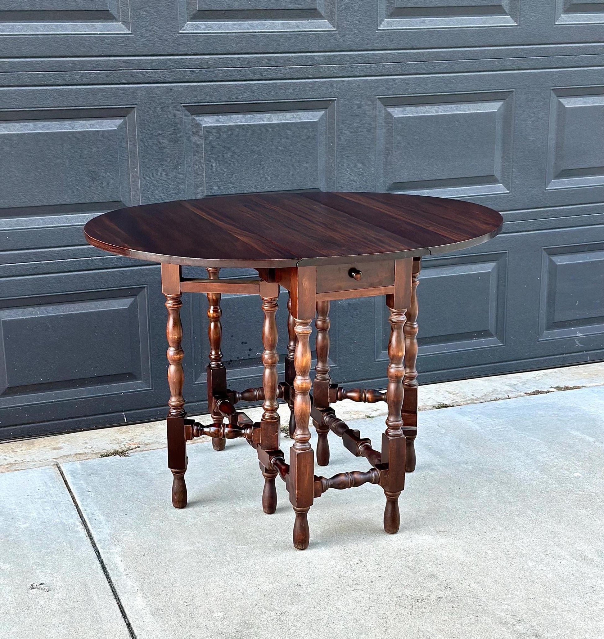 Antique Early 1900's Dark Solid Wood Single Drawer Imperial Drop Leaf Gateleg Table