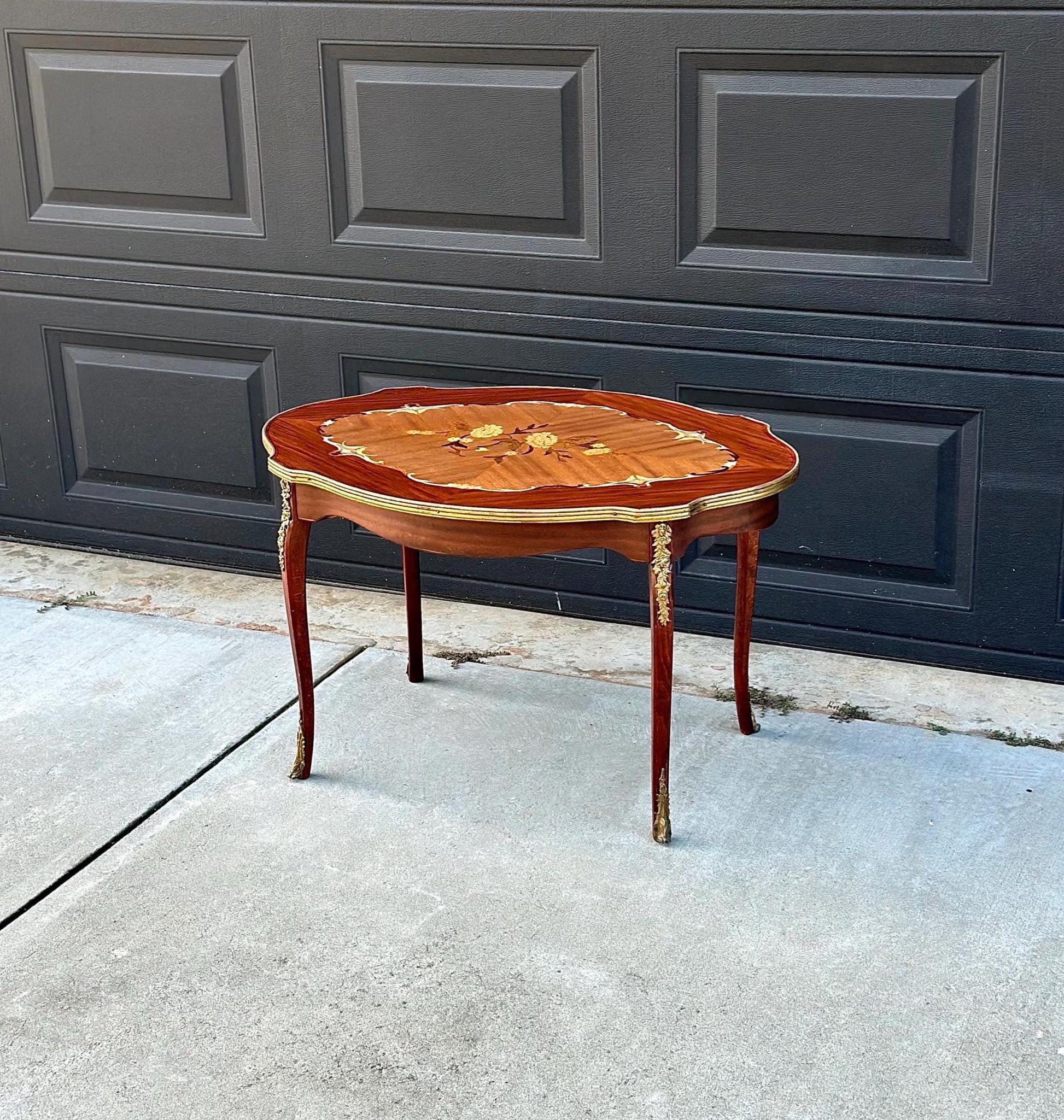 Antique 1920's Louis XV Ormolu Marquetry Spanish Tiger Maple Coffee Table