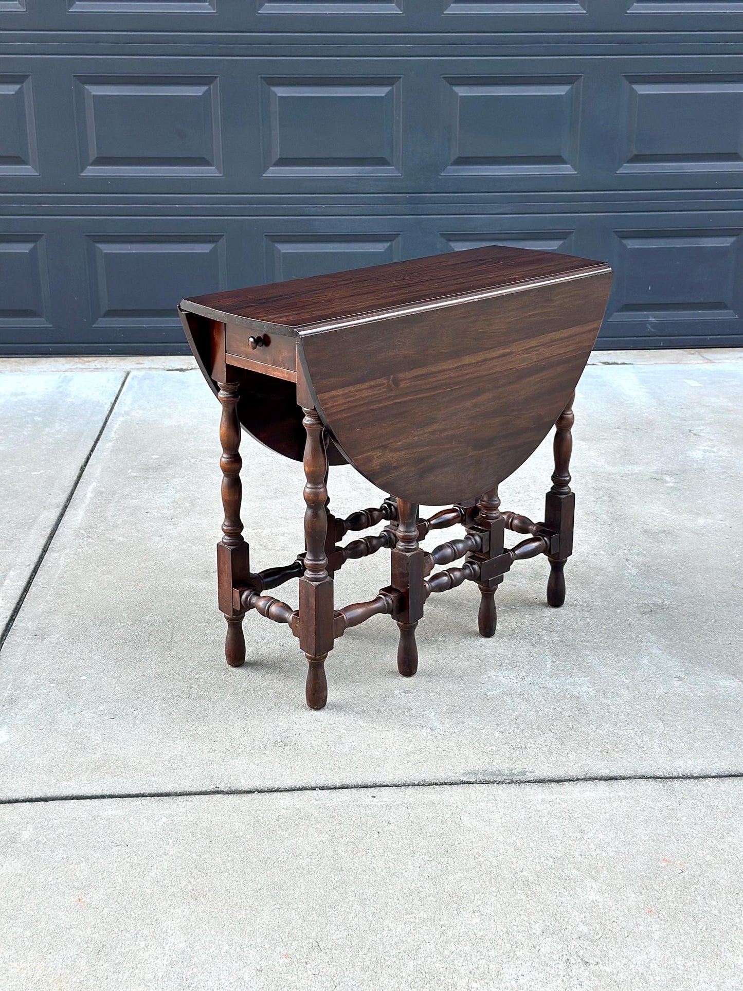 Antique Early 1900's Dark Solid Wood Single Drawer Imperial Drop Leaf Gateleg Table