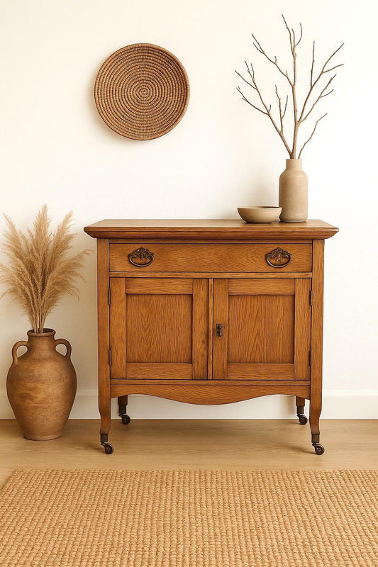 Antique Early 1900's Tiger Oak Lowboy Cabinet on Casters