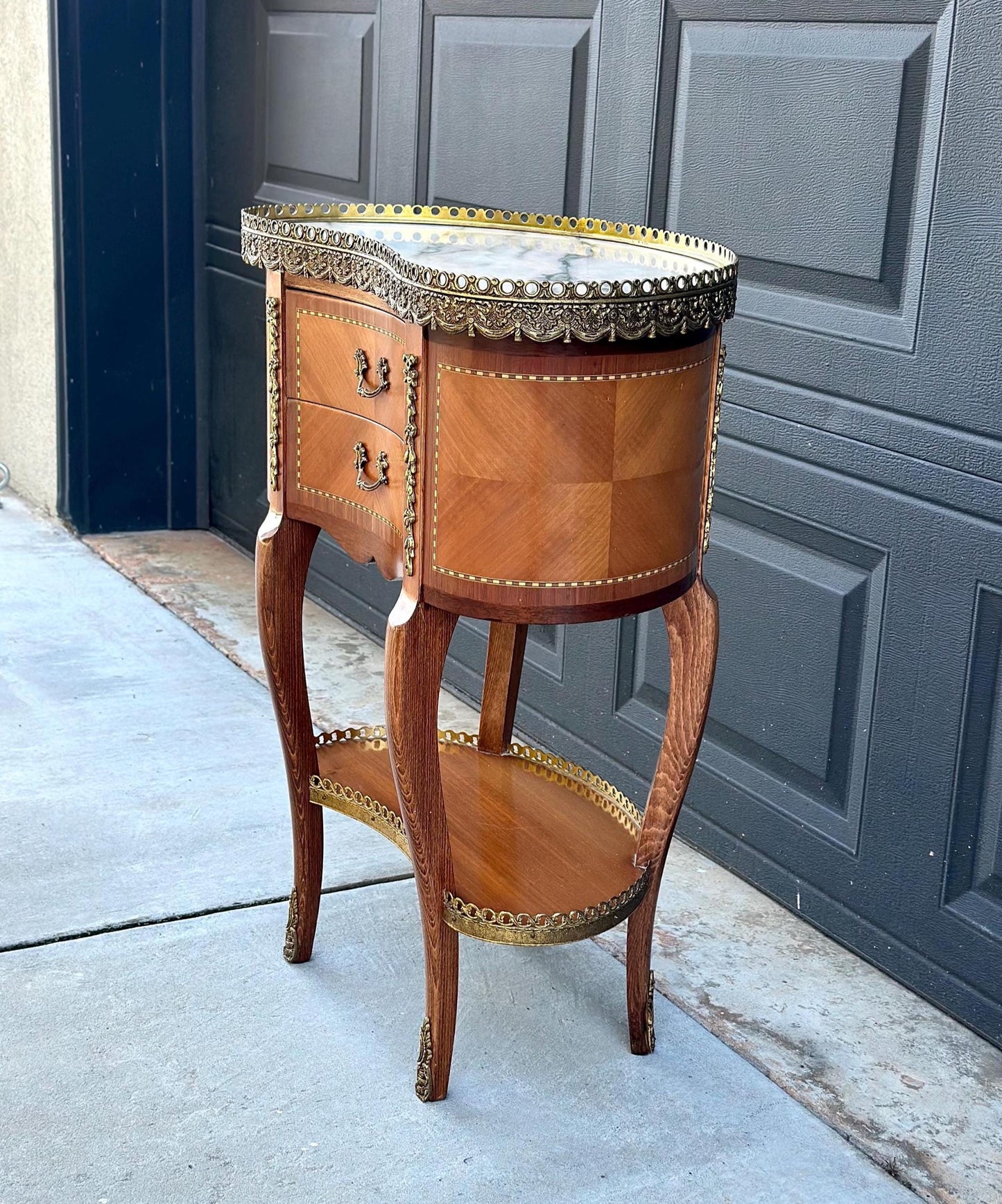 Antique Early 1900's Inlaid Ormolu French Maple Wood & Marble Entry Table