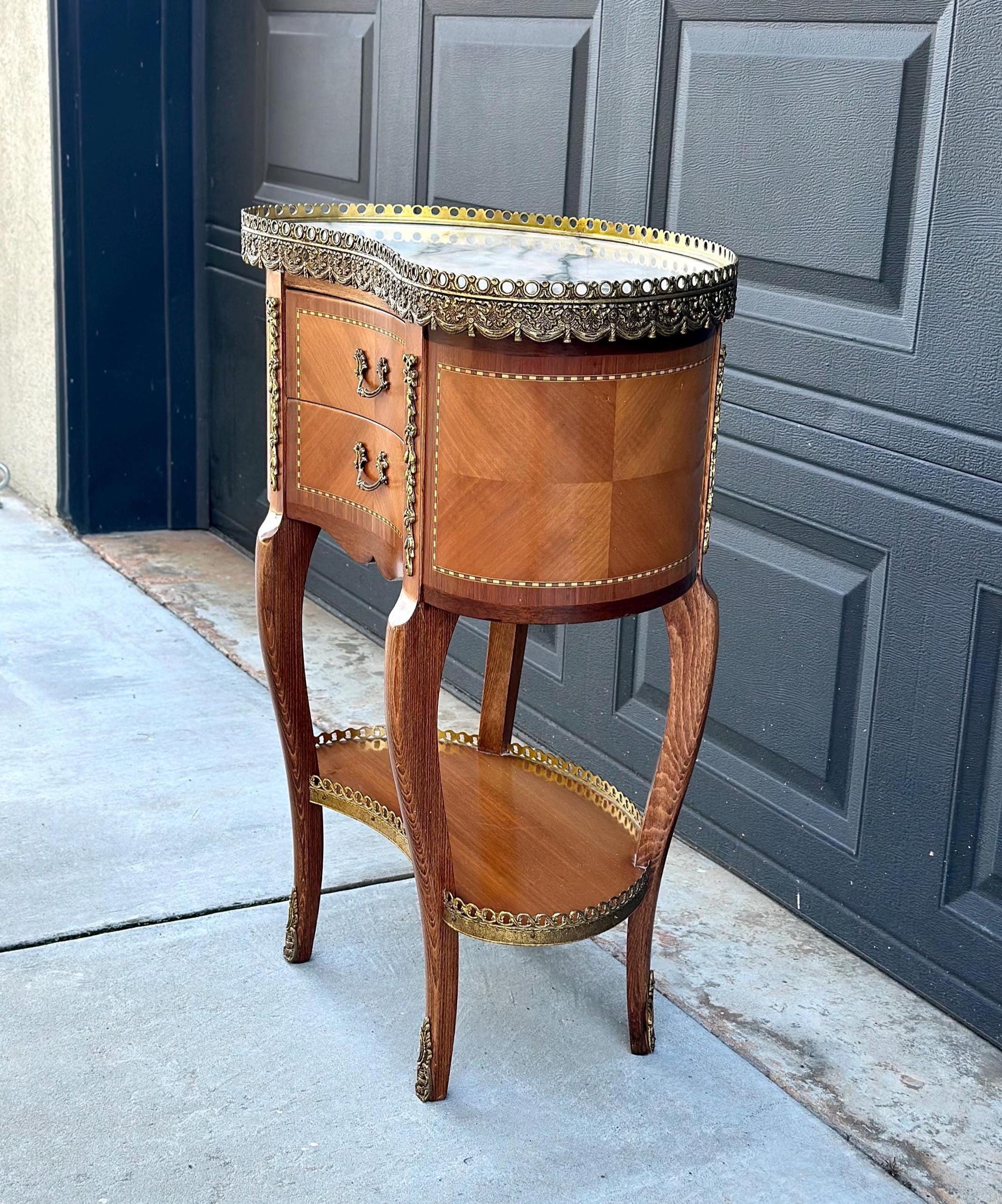 Antique Early 1900's Inlaid Ormolu French Maple Wood & Marble Entry Table