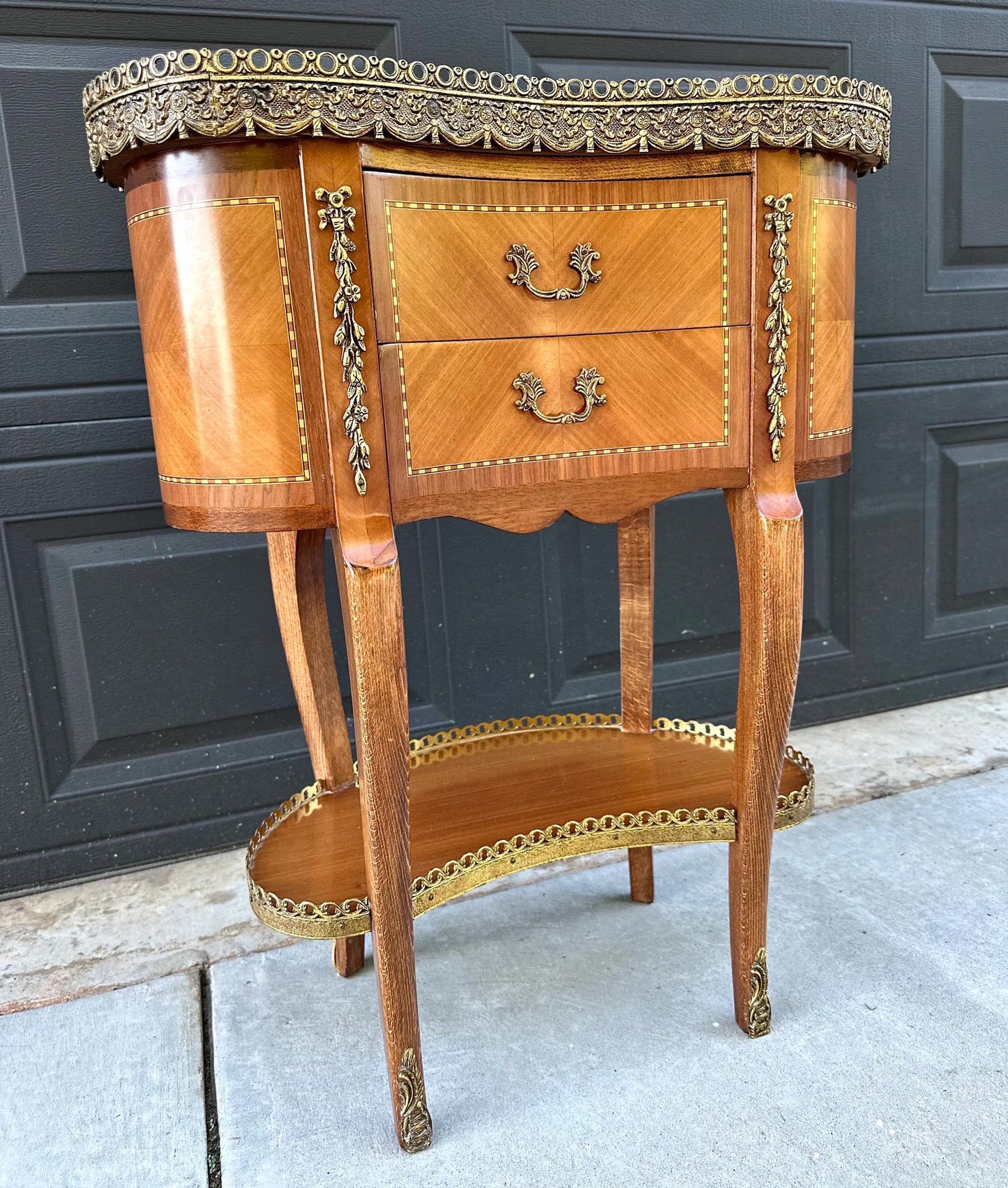 Antique Early 1900's Inlaid Ormolu French Maple Wood & Marble Entry Table