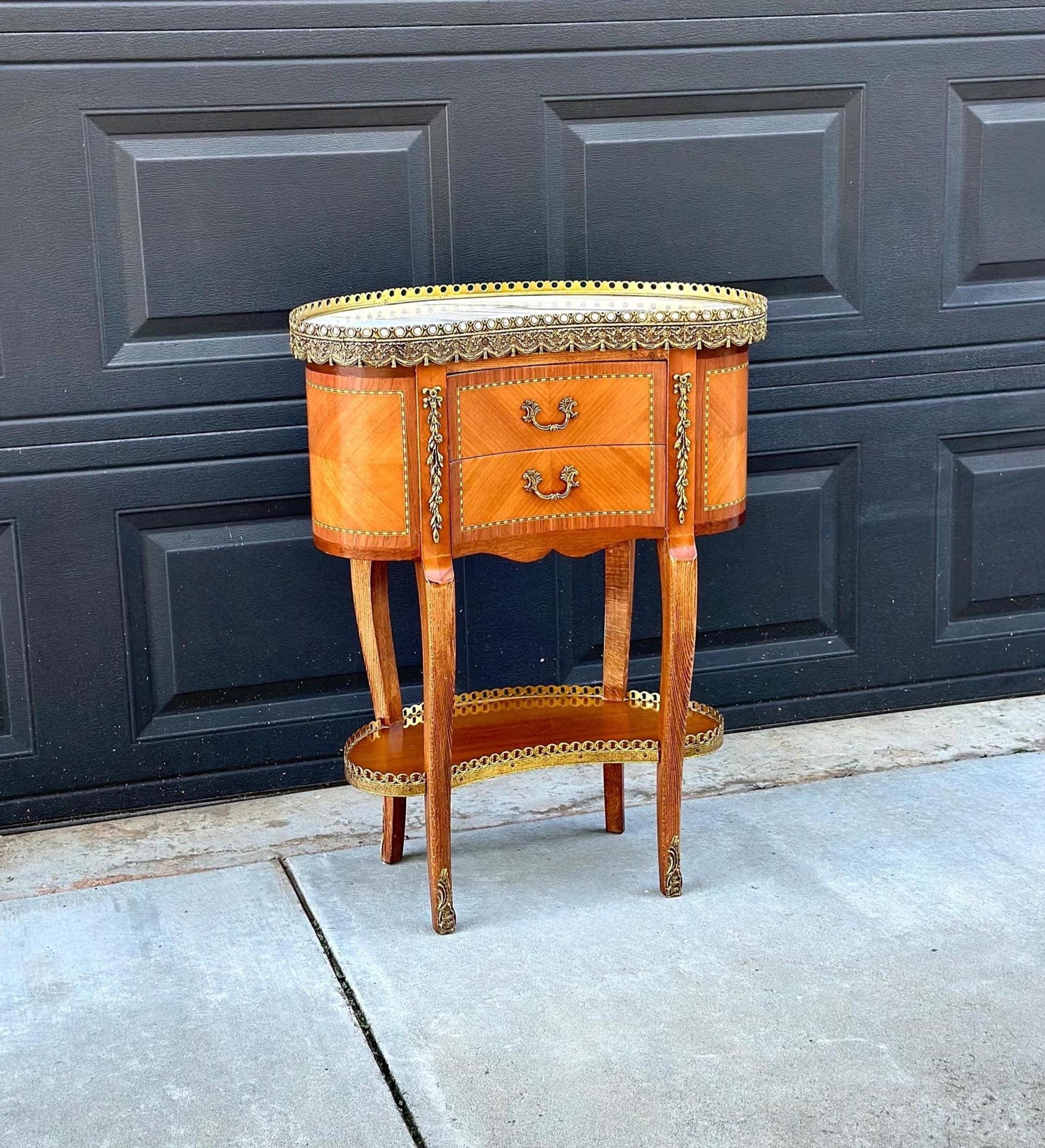 Antique Early 1900's Inlaid Ormolu French Maple Wood & Marble Entry Table
