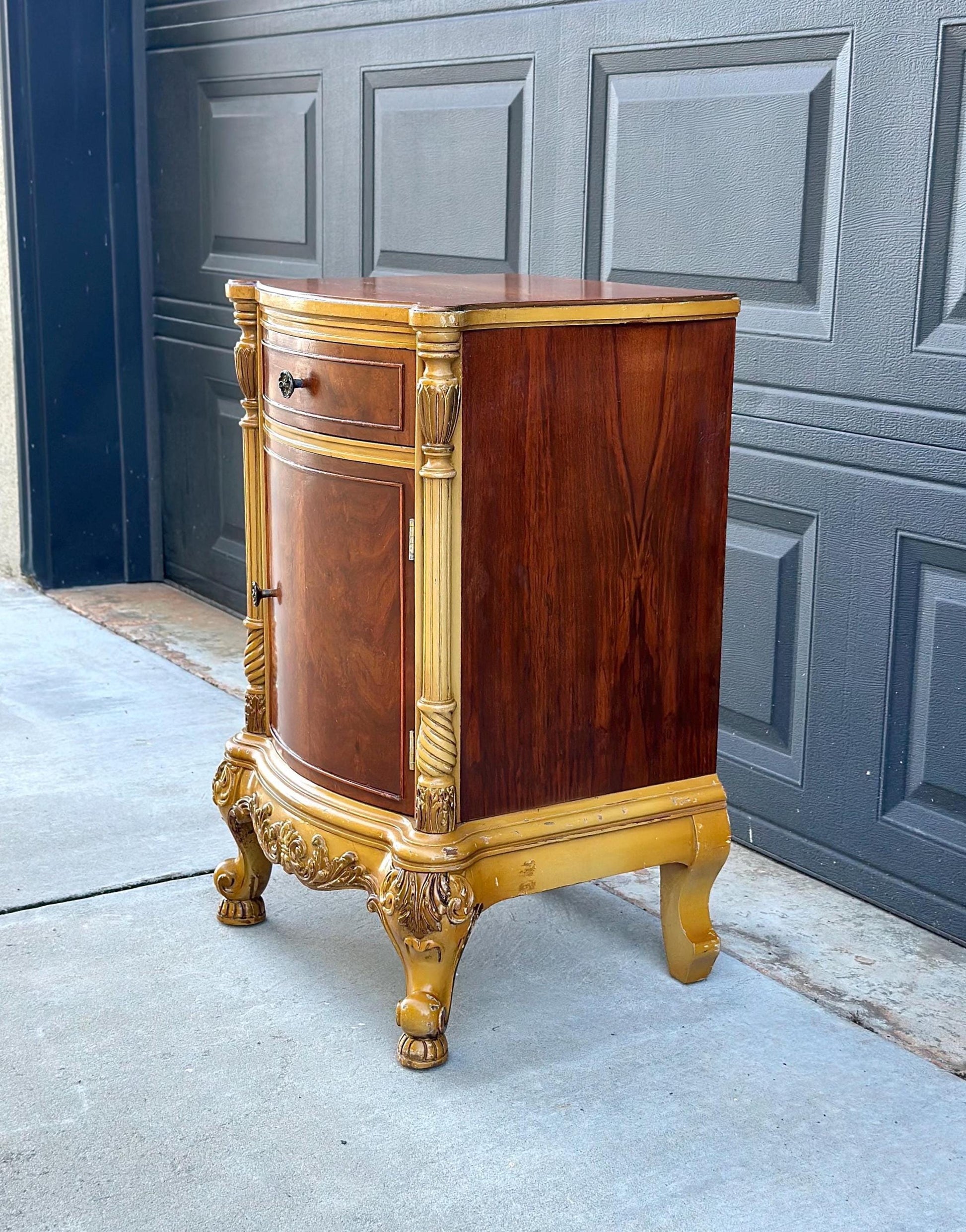 Vintage Mid 1900's French Walnut Wood Carved Cabinet Side Table