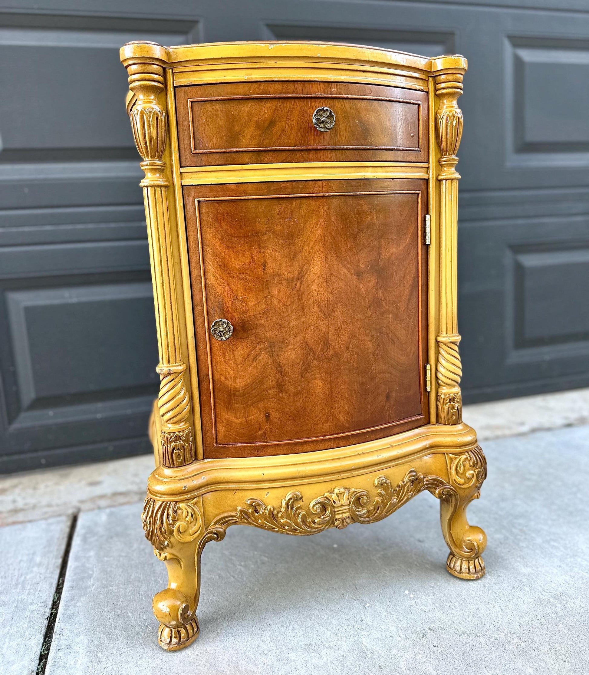 Vintage Mid 1900's French Walnut Wood Carved Cabinet Side Table