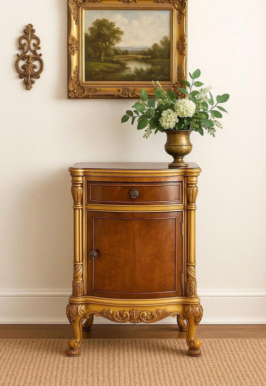 Vintage Mid 1900's French Walnut Wood Carved Cabinet Side Table