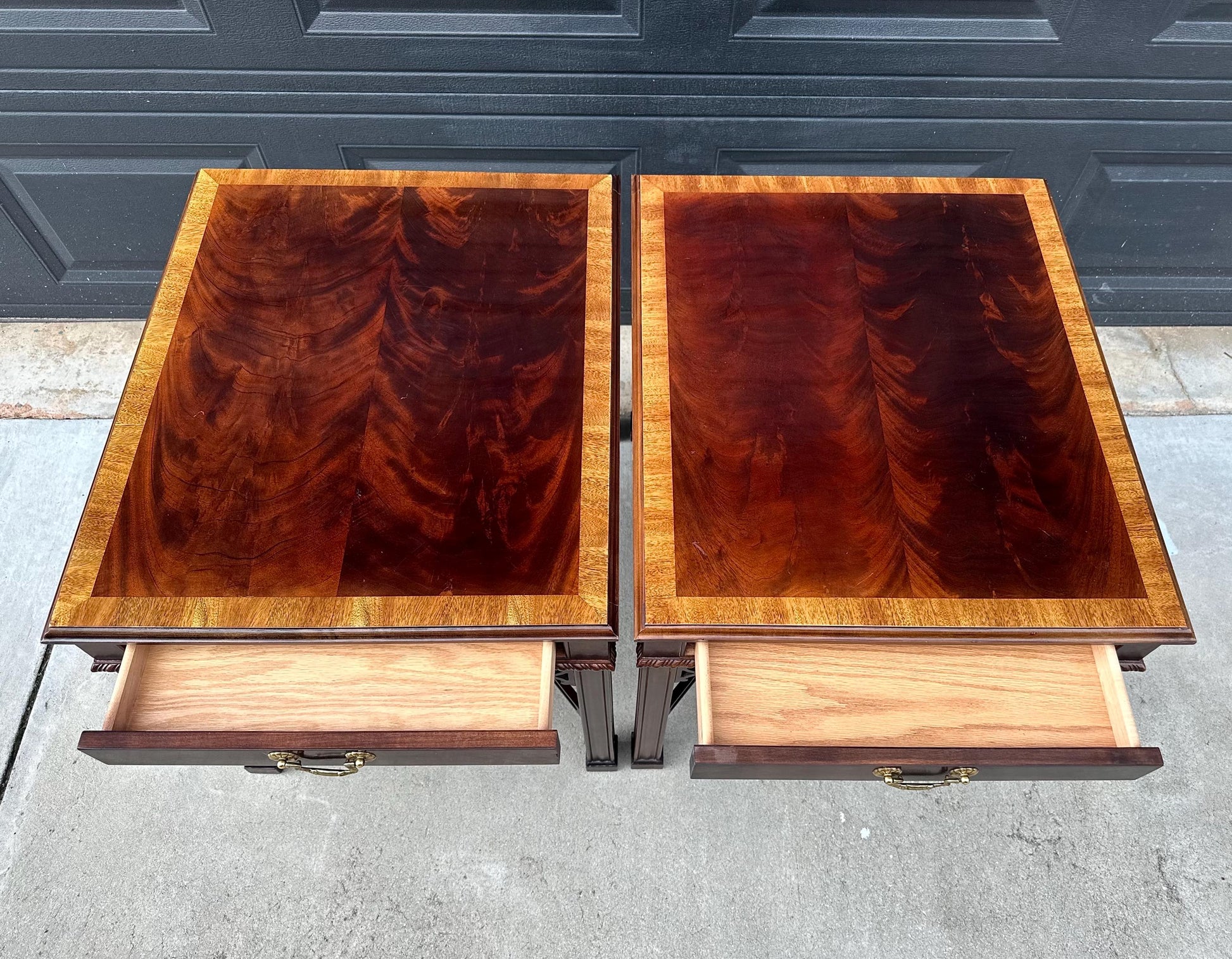 Vintage 1970's Banded Flame Mahogany Chippendale Side Tables by Drexel - a Pair