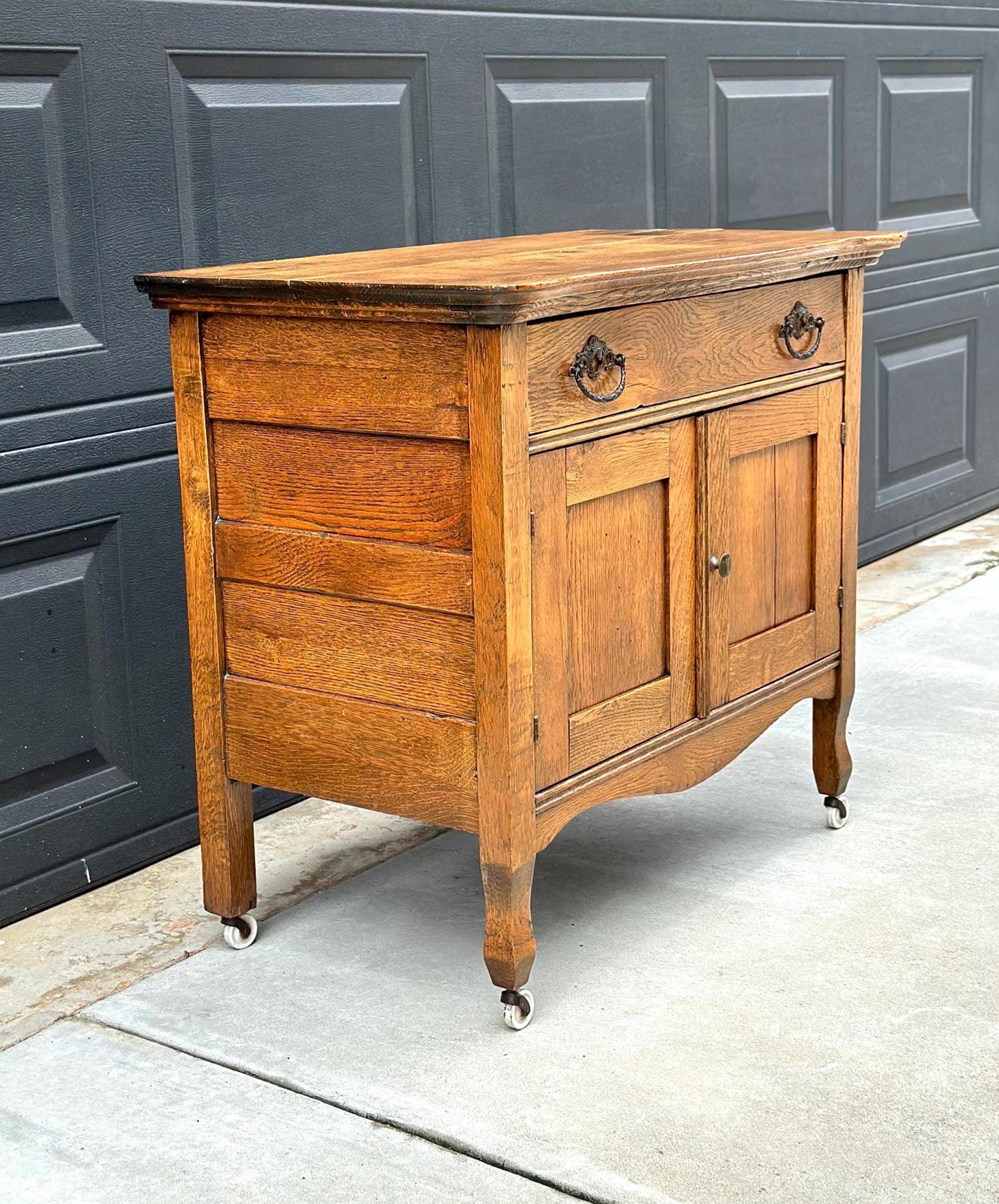 Antique Early 1900's Tiger Oak Lowboy Cabinet on Casters