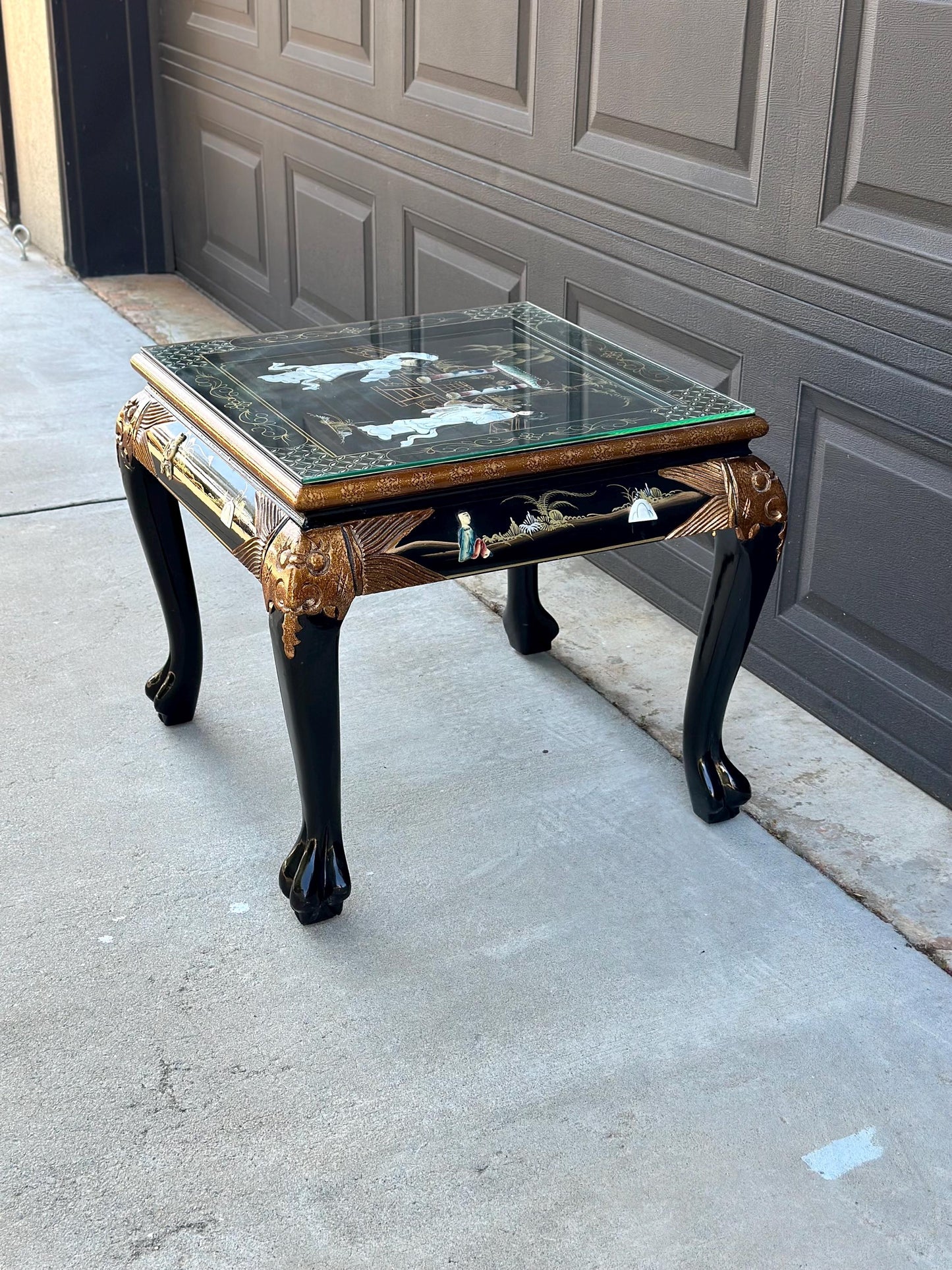 Vintage 1970's Black Lacquer Chinoiserie End Table
