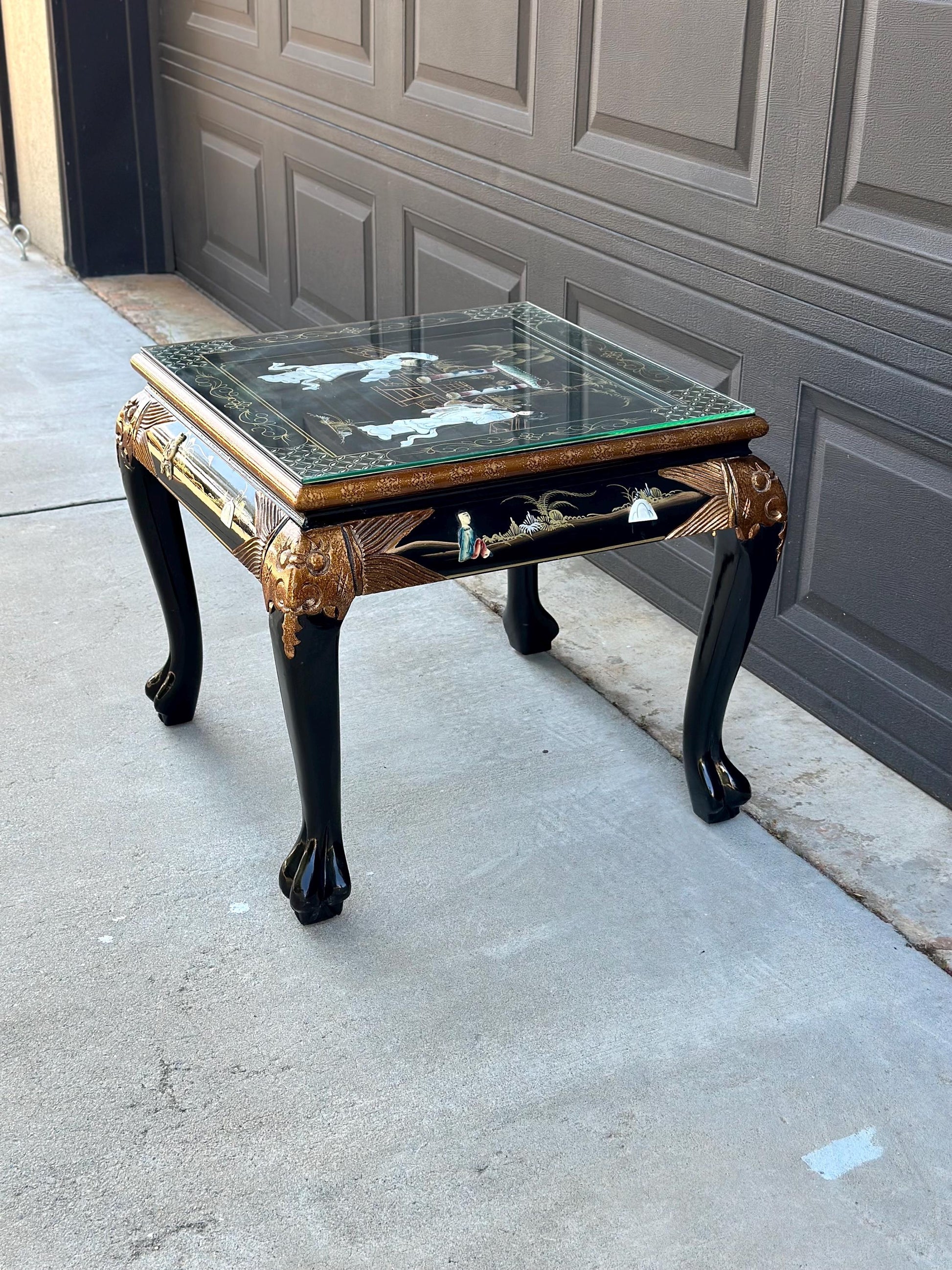 Vintage 1970's Black Lacquer Chinoiserie End Table