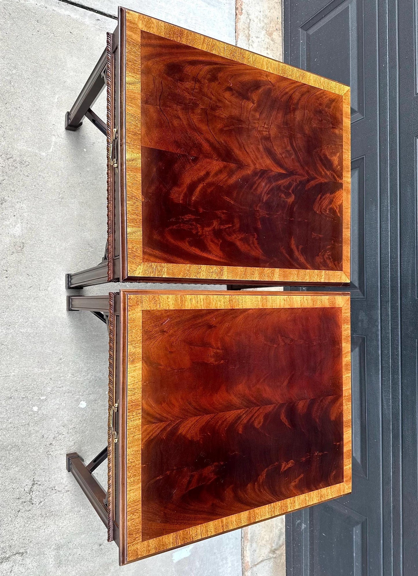 Vintage 1970's Banded Flame Mahogany Chippendale Side Tables by Drexel - a Pair