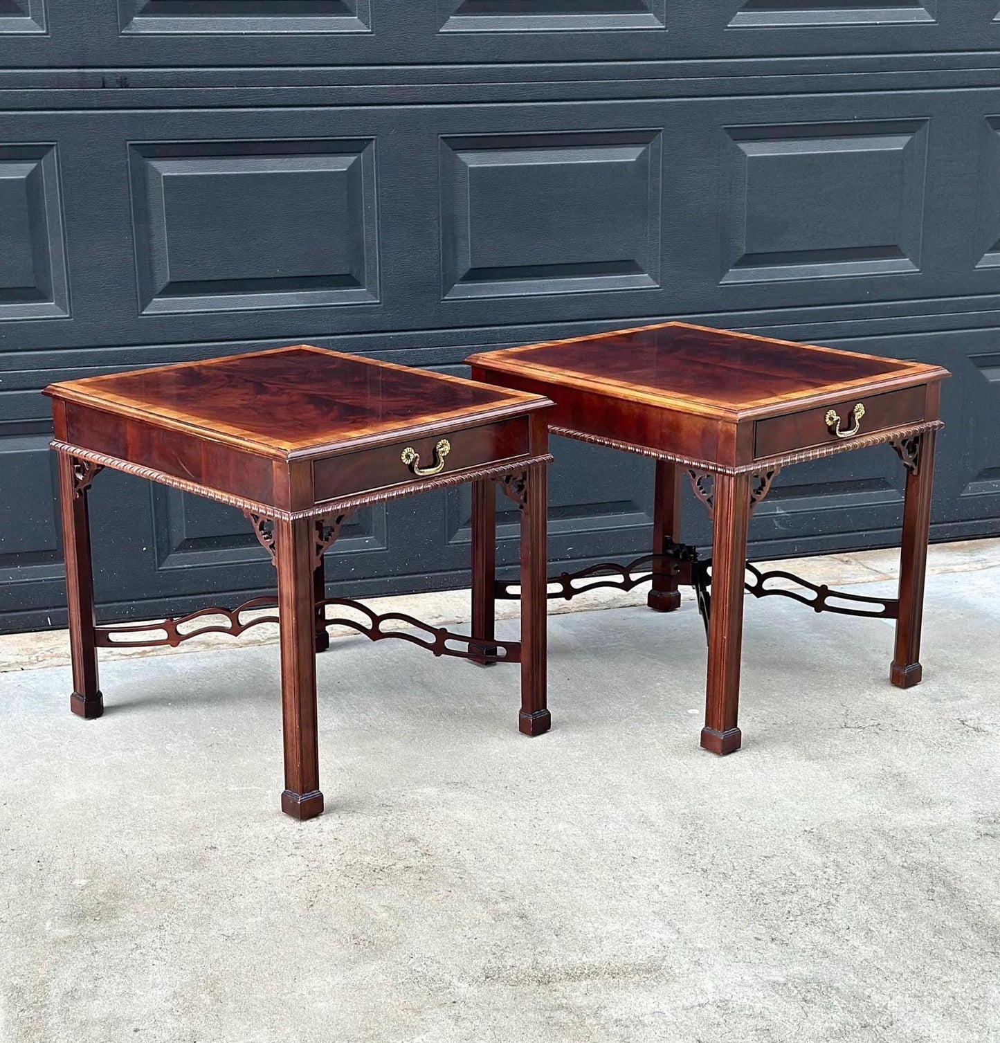 Vintage 1970's Banded Flame Mahogany Chippendale Side Tables by Drexel - a Pair