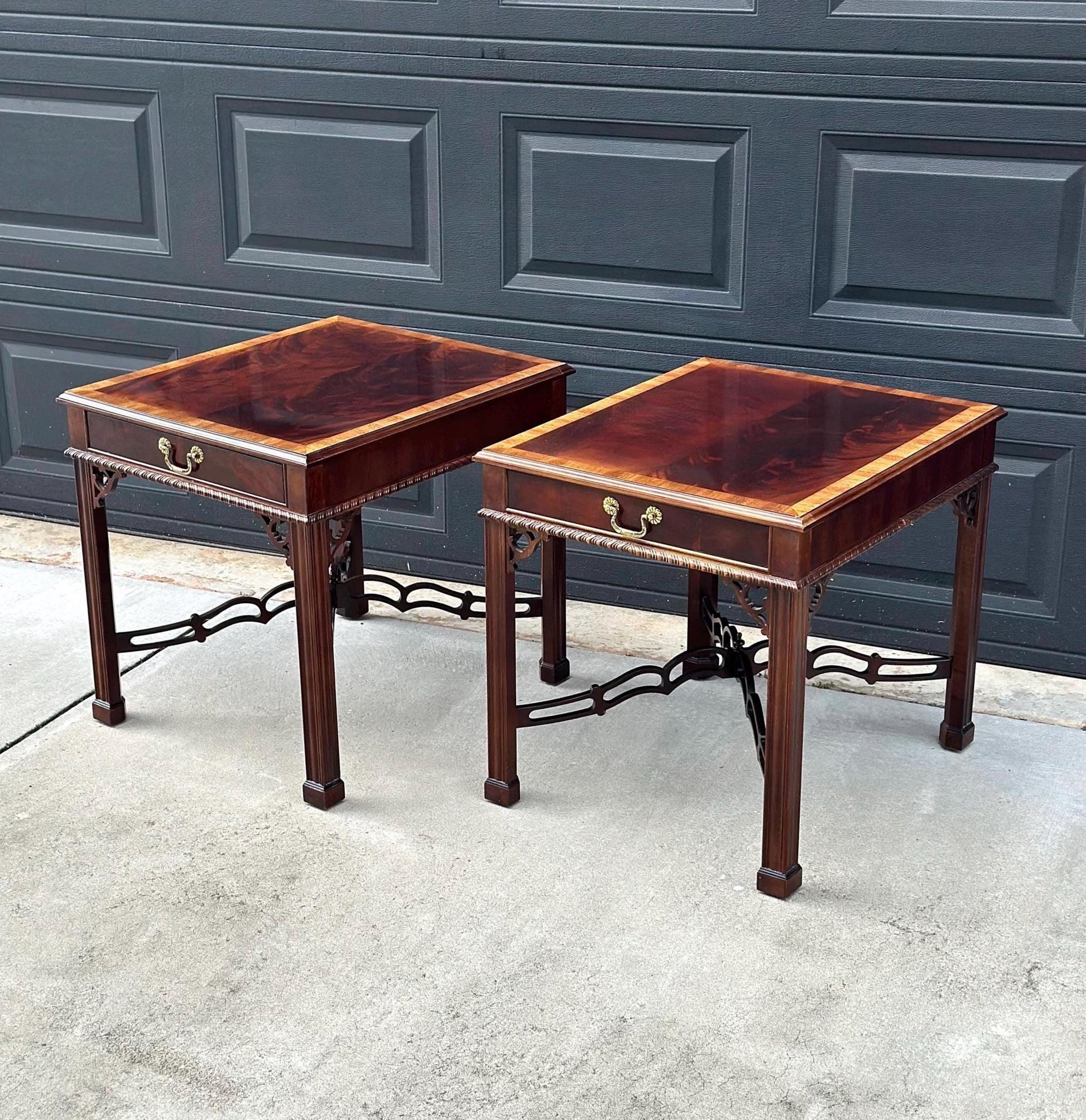 Vintage 1970's Banded Flame Mahogany Chippendale Side Tables by Drexel - a Pair