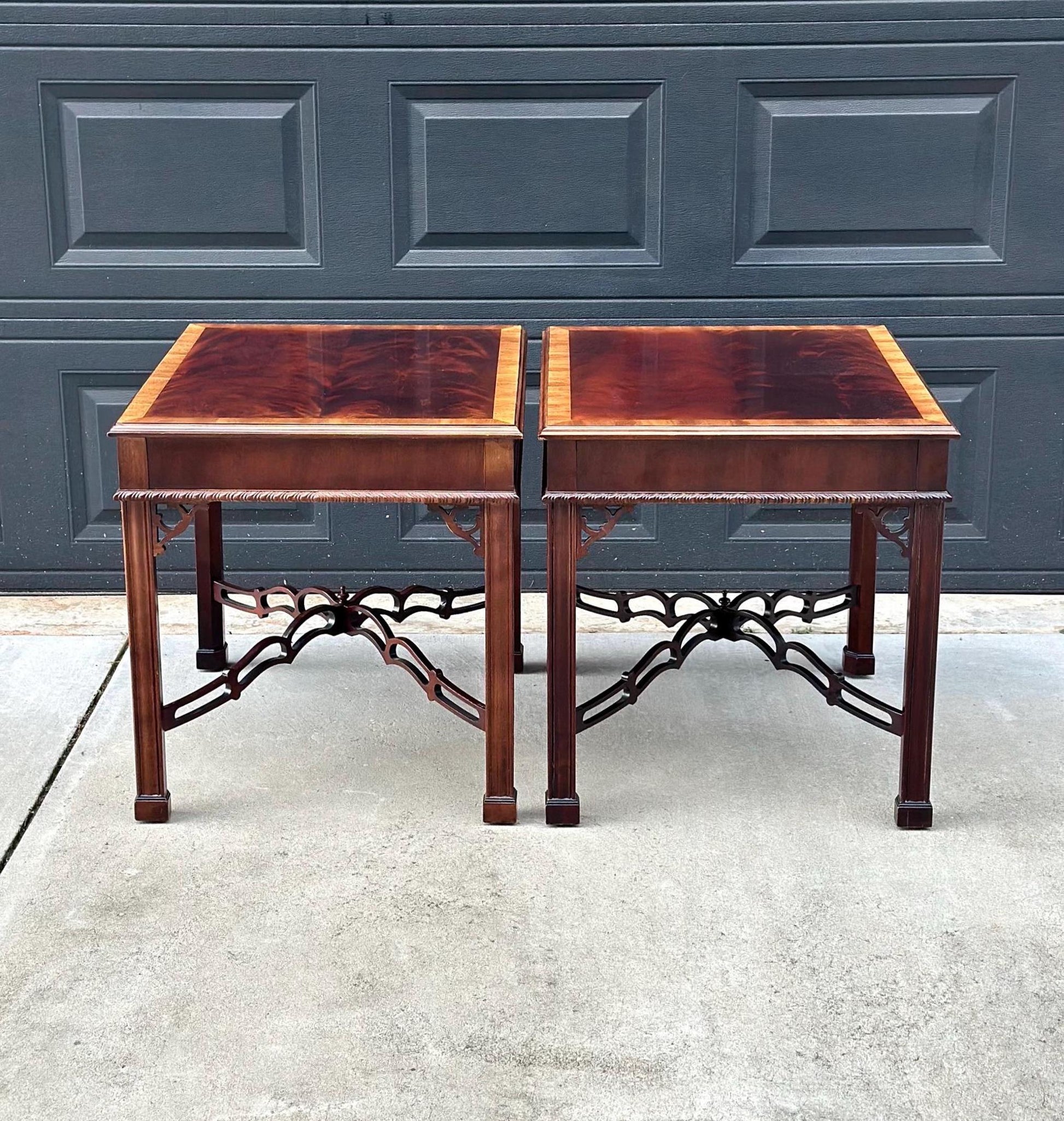 Vintage 1970's Banded Flame Mahogany Chippendale Side Tables by Drexel - a Pair