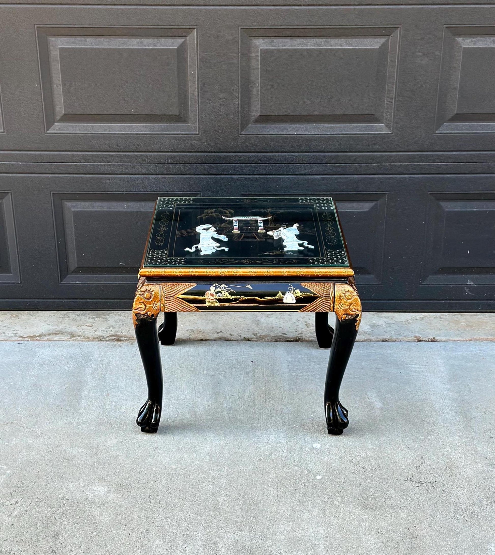 Vintage 1970's Black Lacquer Chinoiserie End Table