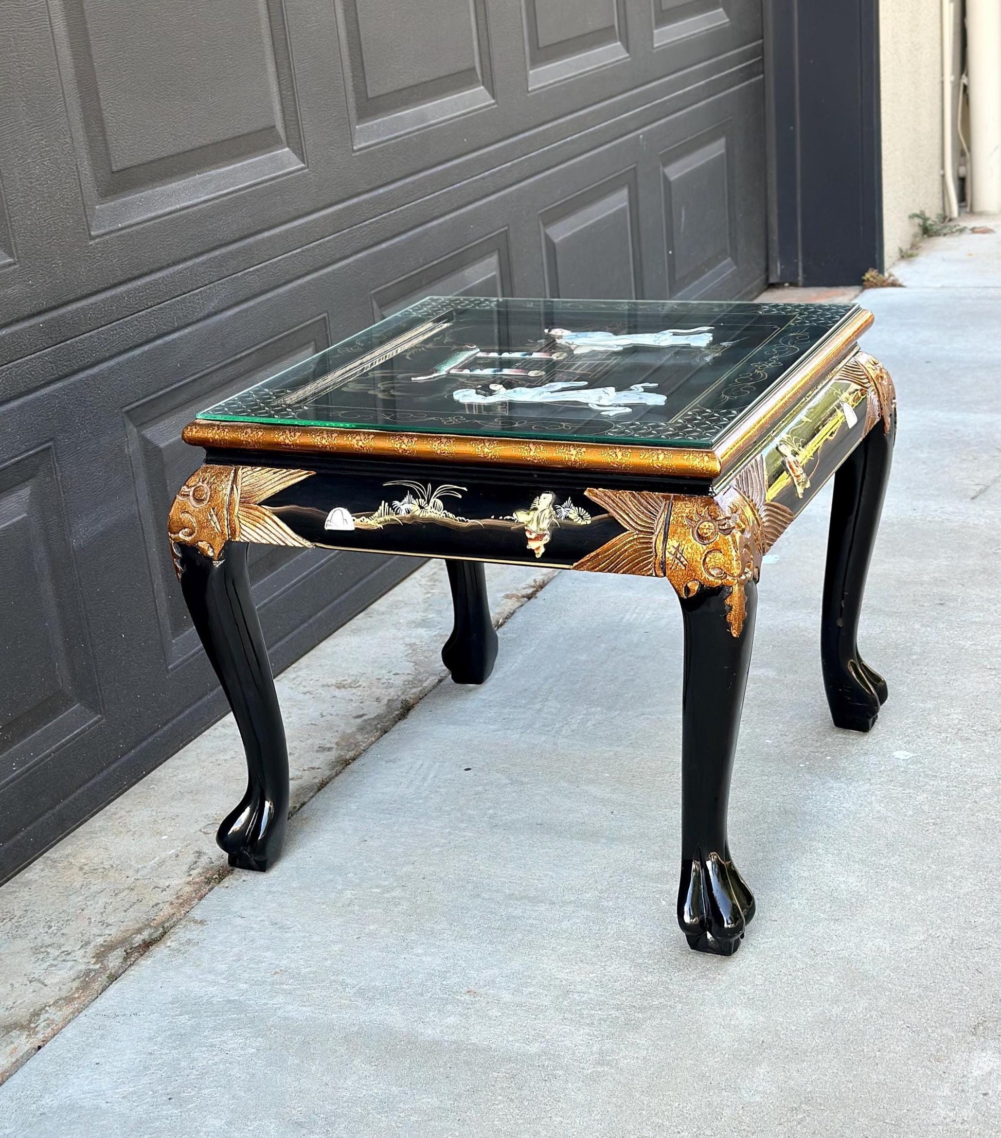 Vintage 1970's Black Lacquer Chinoiserie End Table