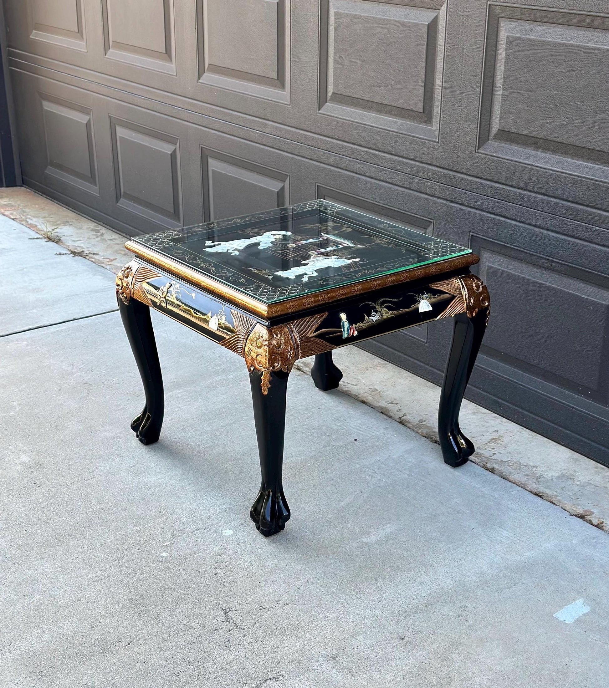 Vintage 1970's Black Lacquer Chinoiserie End Table