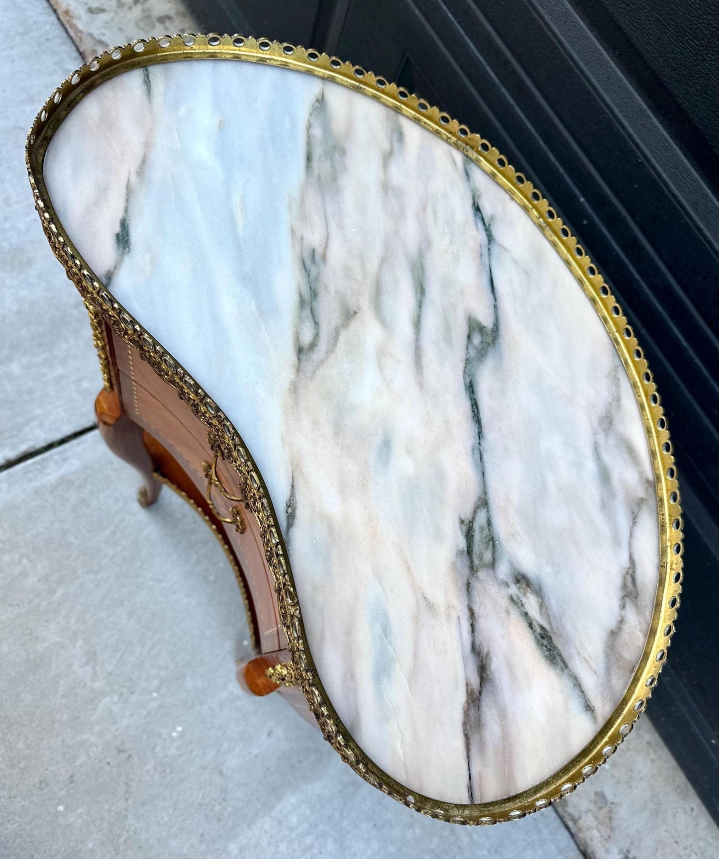Antique Early 1900's Inlaid Ormolu French Maple Wood & Marble Entry Table