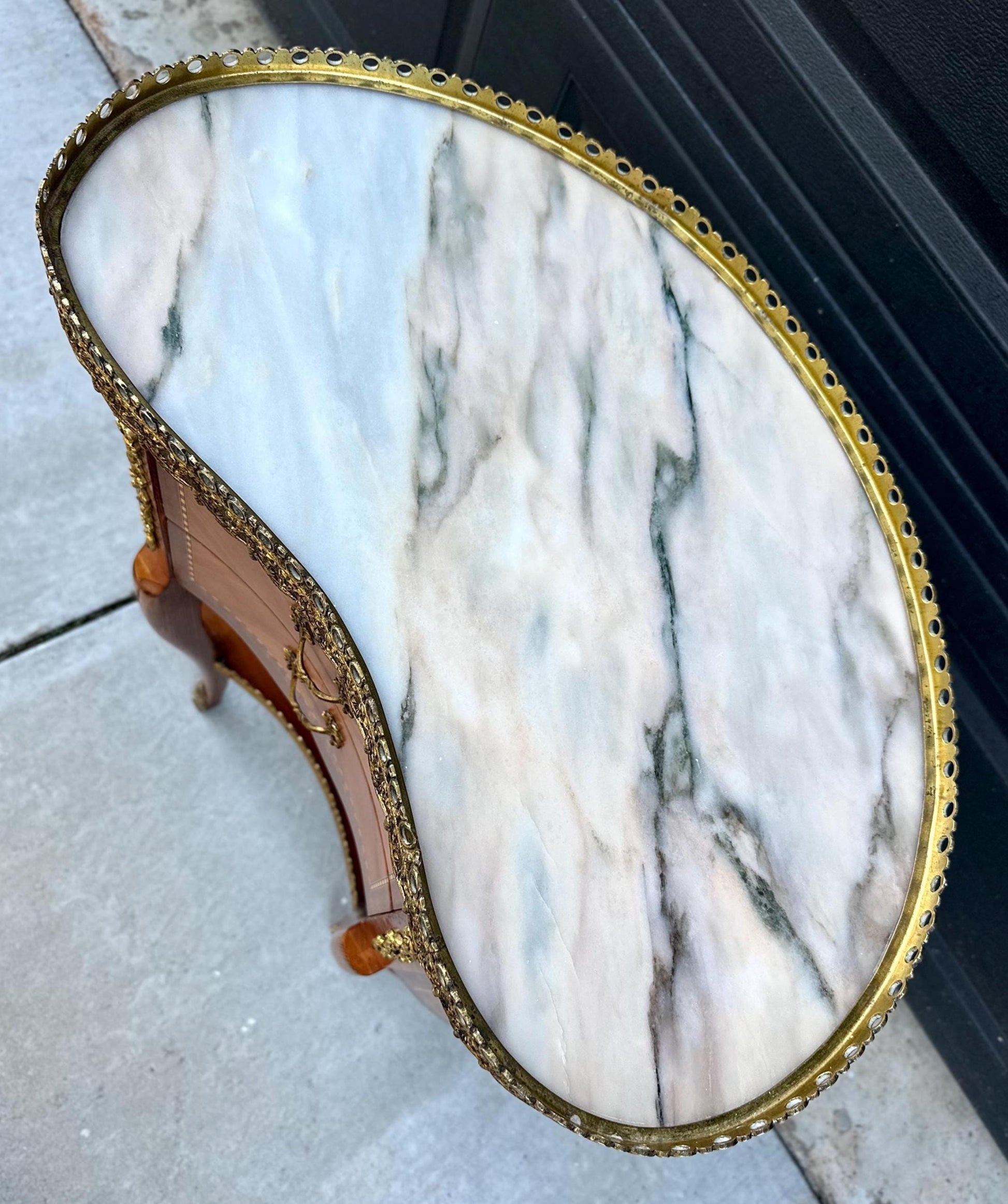 Antique Early 1900's Inlaid Ormolu French Maple Wood & Marble Entry Table