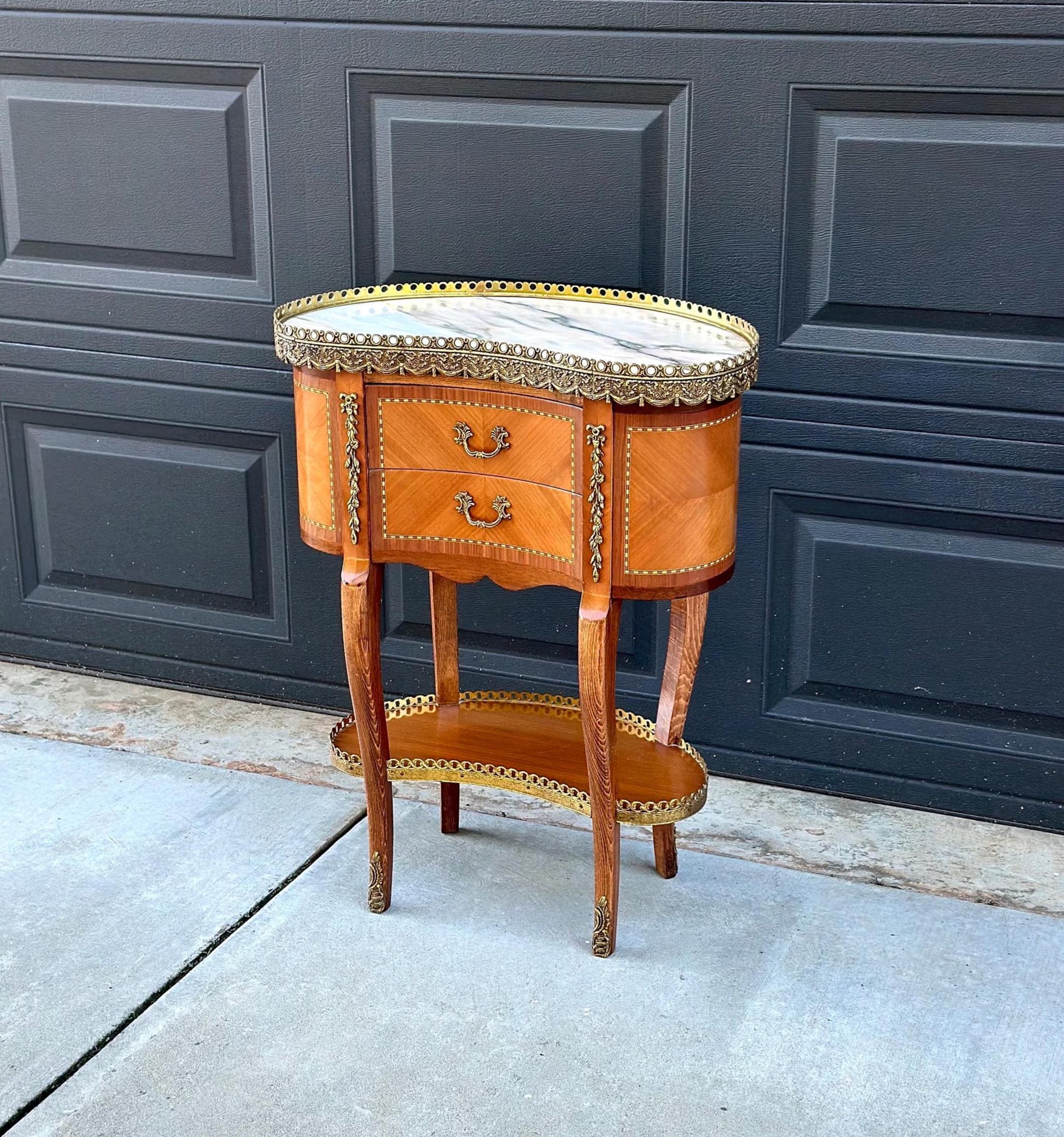 Antique Early 1900's Inlaid Ormolu French Maple Wood & Marble Entry Table