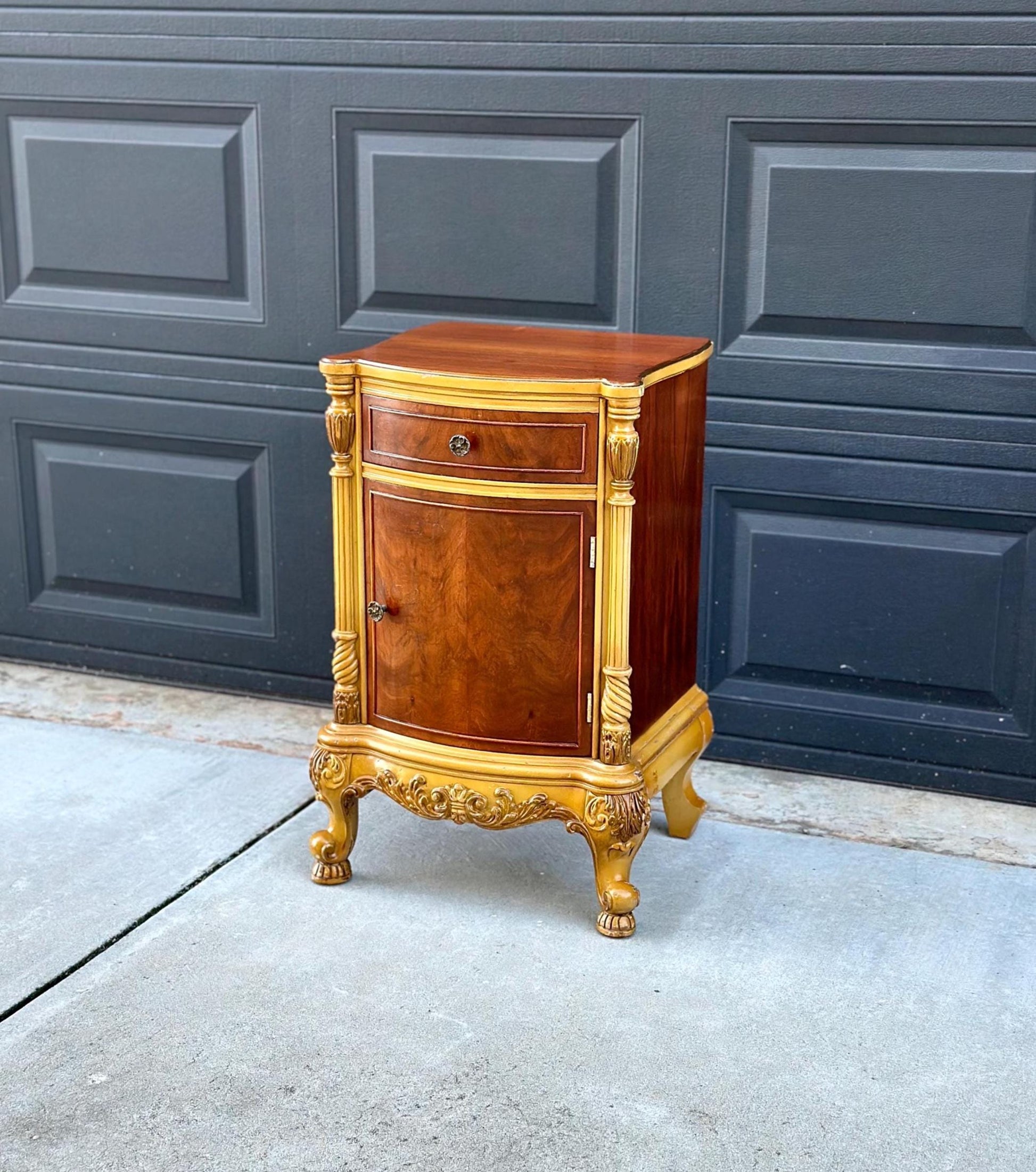 Vintage Mid 1900's French Walnut Wood Carved Cabinet Side Table