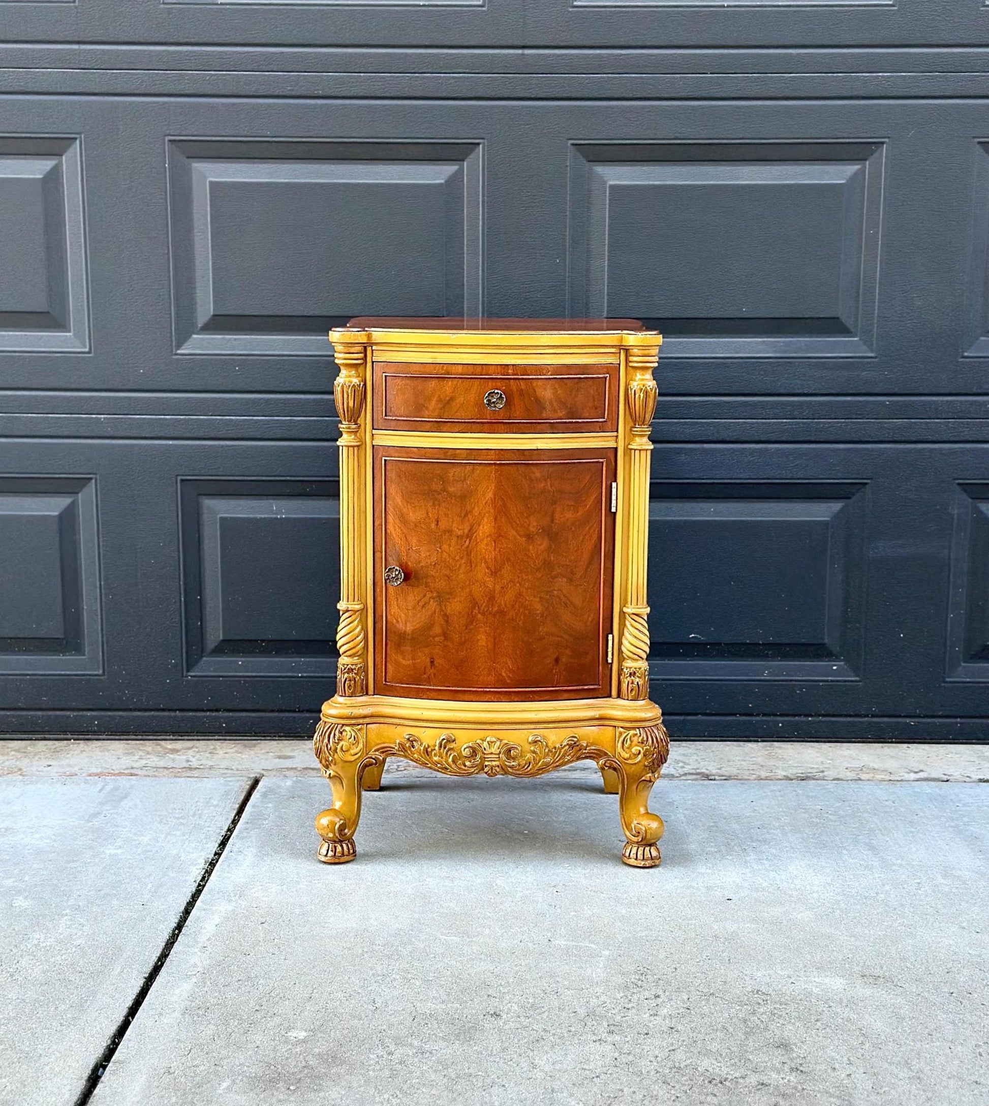 Vintage Mid 1900's French Walnut Wood Carved Cabinet Side Table