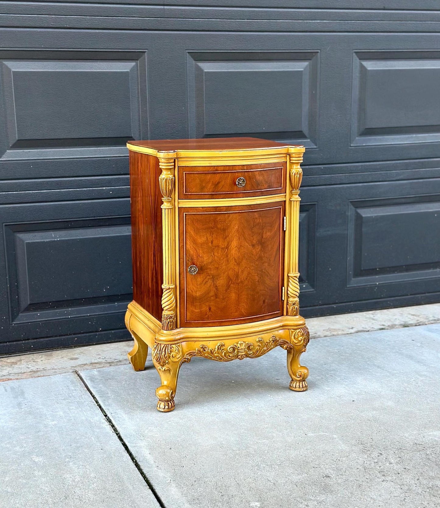 Vintage Mid 1900's French Walnut Wood Carved Cabinet Side Table