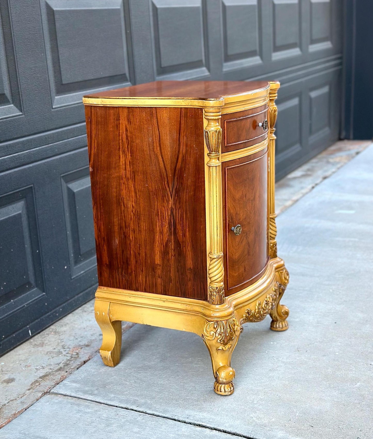 Vintage Mid 1900's French Walnut Wood Carved Cabinet Side Table
